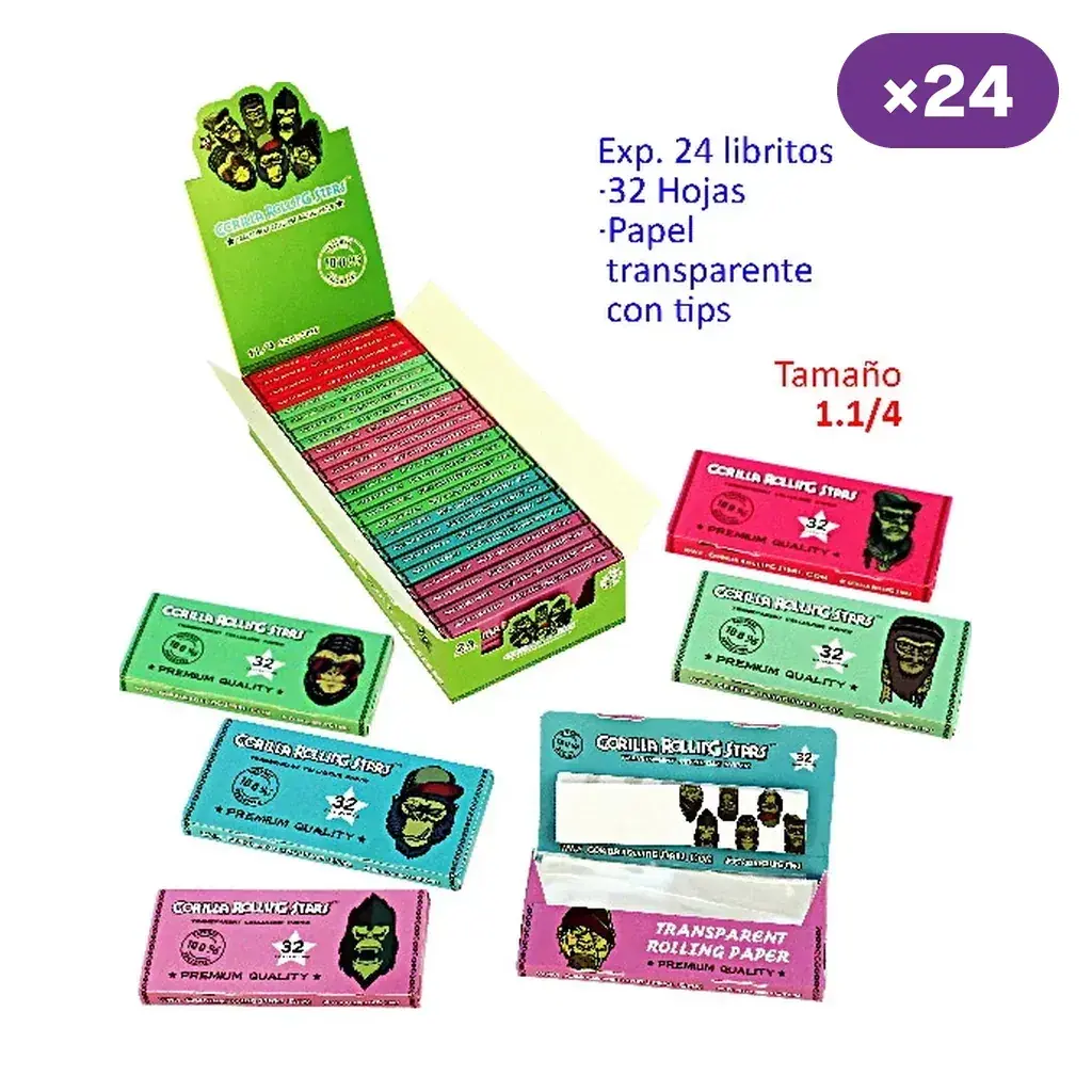 Expositor de papel transparente Gorilla Rolling Stars con libritos de varios colores y uno abierto que muestra el papel y los tips.