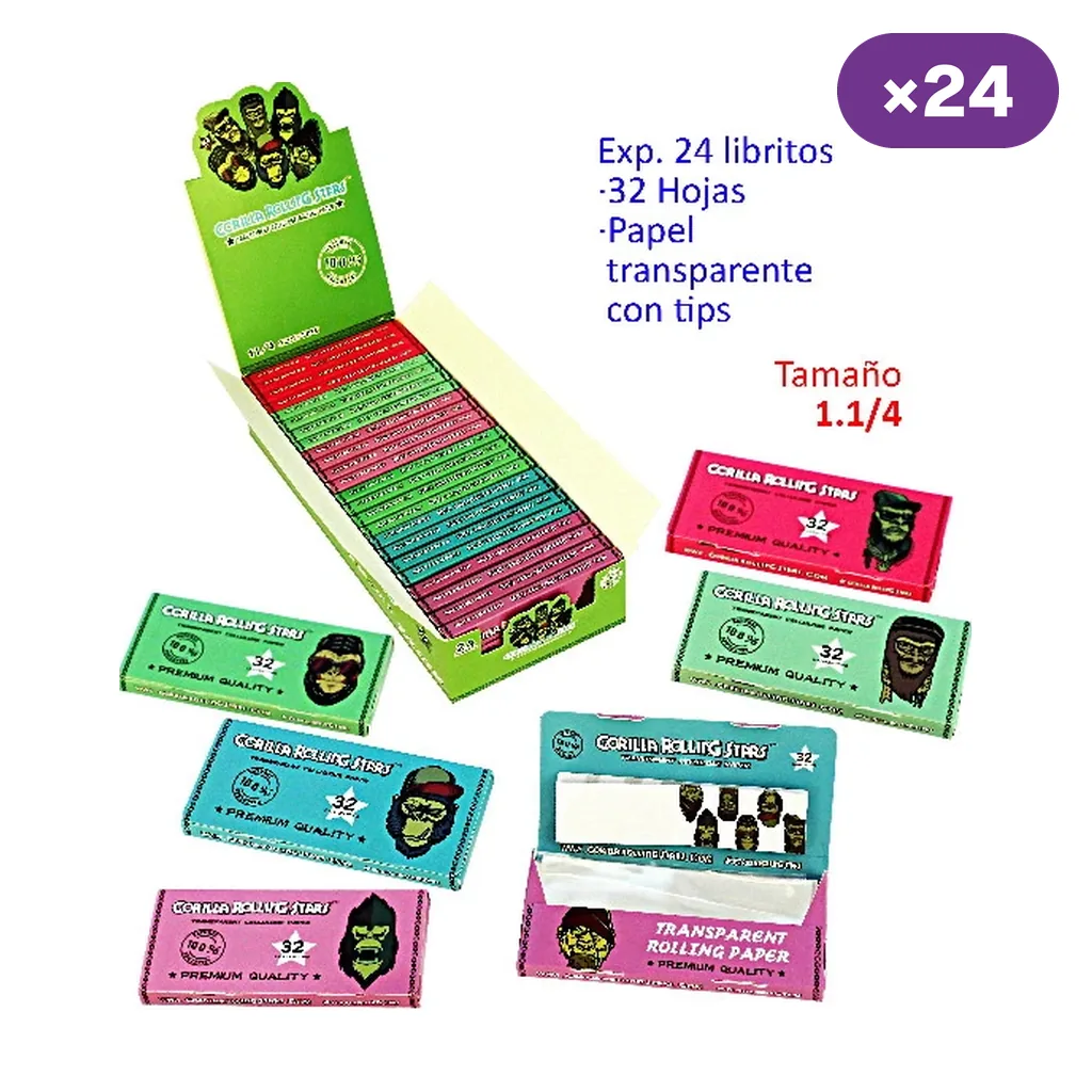Expositor de papel transparente Gorilla Rolling Stars con libritos de varios colores y uno abierto que muestra el papel y los tips.