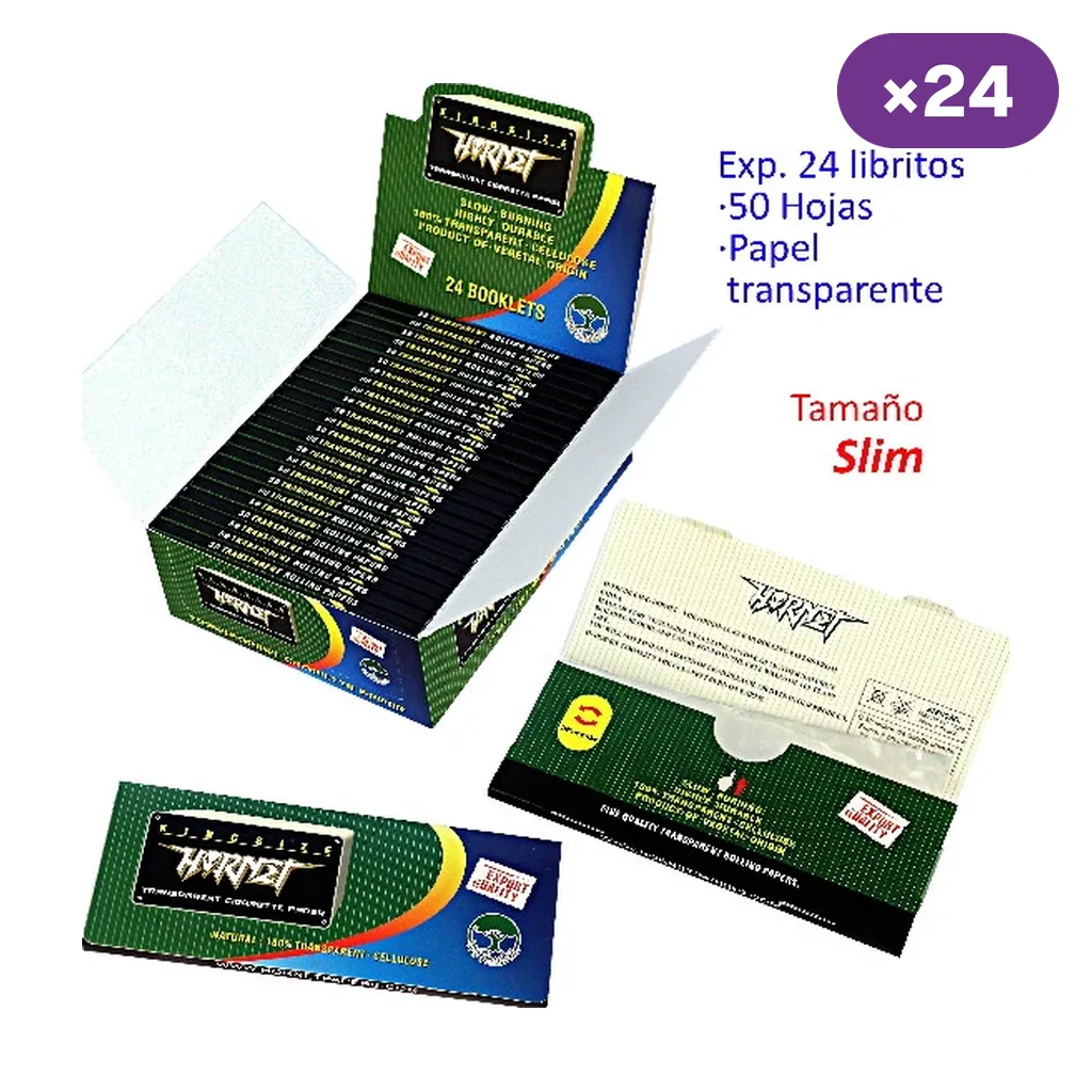 Papel de fumar transparente Slim en caja expositora abierta, con libritos cerrados y uno abierto; texto de 24 libritos y 50 hojas.
