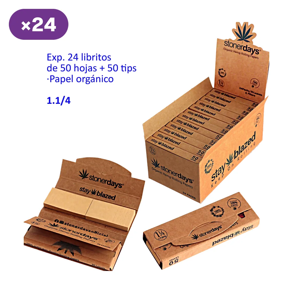 Expositor de papel de fumar Stonerdays 1 1/4 con libritos marrones; uno abierto muestra las hojas y los tips. Expositor de papel de fumar Stonerdays 1 1/4 con libritos marrones; uno abierto muestra las hojas y los tips.