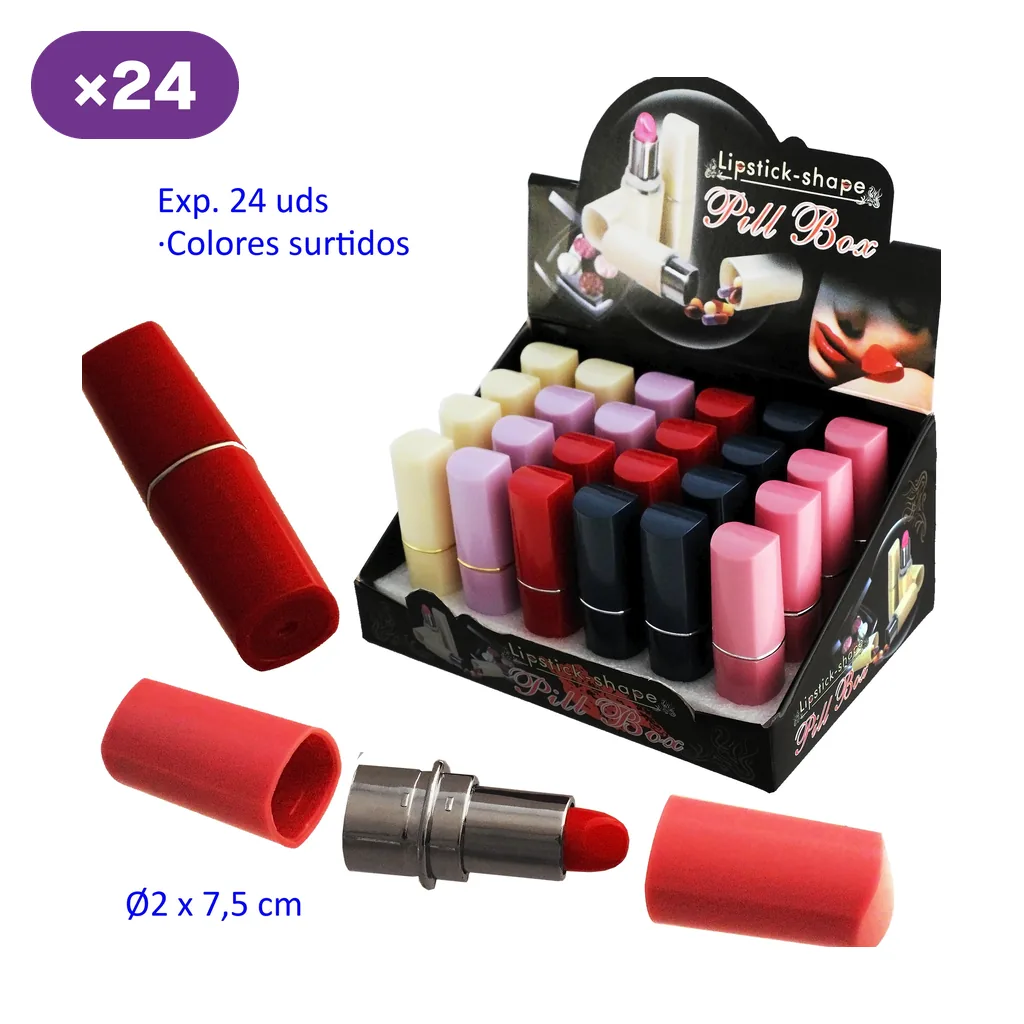 Expositor de pastilleros con forma de pintalabios en colores surtidos, junto a un modelo rojo cerrado y otro desmontado. Expositor de pastilleros con forma de pintalabios en colores surtidos, junto a un modelo rojo cerrado y otro desmontado.