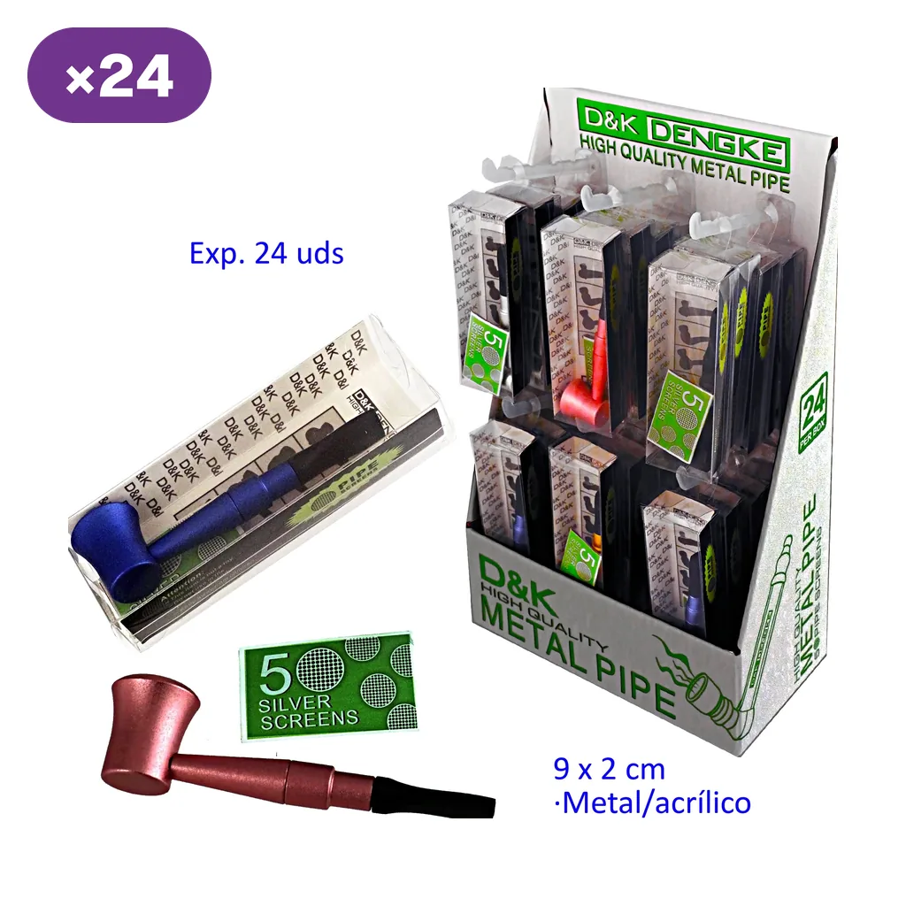 Expositor de 24 pipas D&K en cajas individuales, con una pipa azul en su envase, otra roja fuera y un sobre de rejillas. Expositor de 24 pipas D&K en cajas individuales, con una pipa azul en su envase, otra roja fuera y un sobre de rejillas.