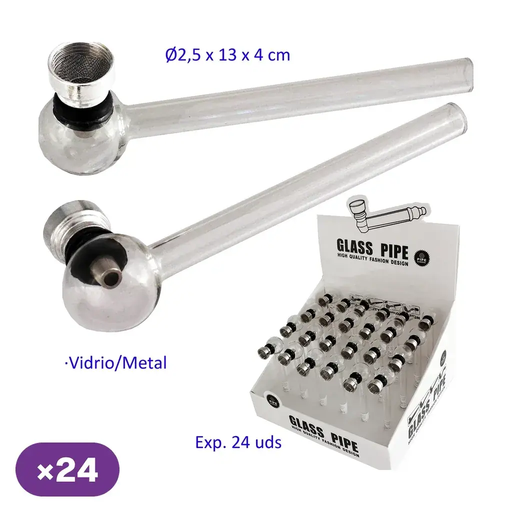 Pipa de cristal y metal de 13 cm mostrada desde dos ángulos, con tubo transparente y cazoleta redonda, junto a un expositor.