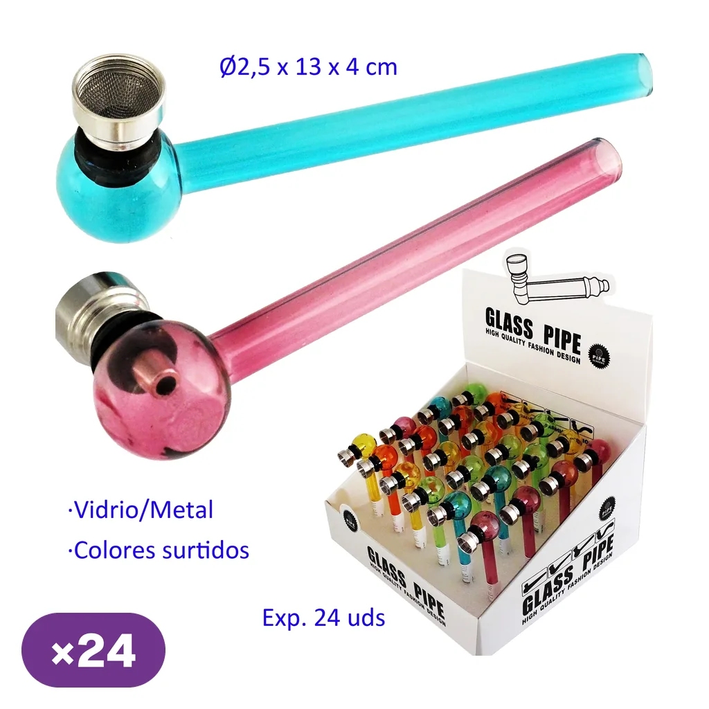 Pipas de cristal y metal en turquesa y rosa, con tubo recto y cazoleta redonda, junto a un expositor de 24 unidades en colores surtidos.