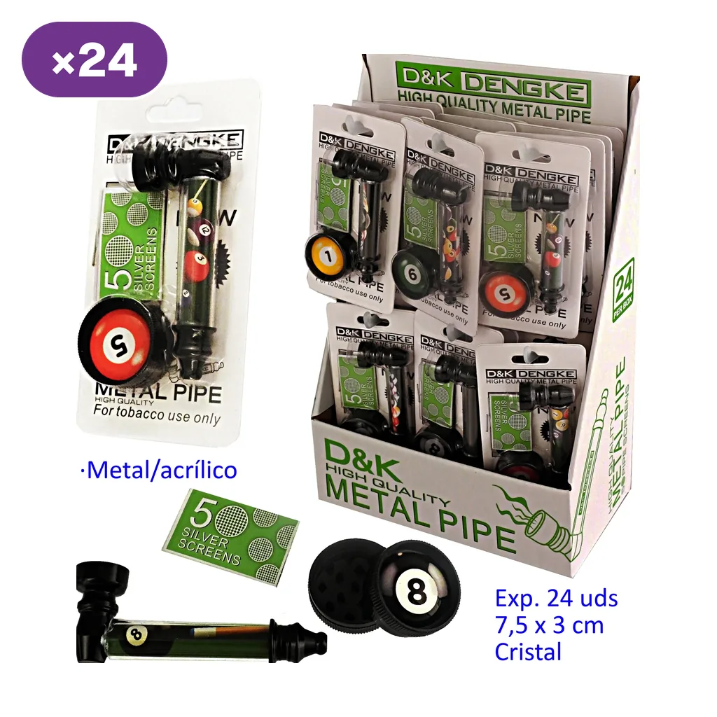 Expositor D&K con pipas y grinders de bolas de billar en varios diseños, blíster ampliado y accesorios sueltos sobre fondo blanco. Expositor D&K con pipas y grinders de bolas de billar en varios diseños, blíster ampliado y accesorios sueltos sobre fondo blanco.