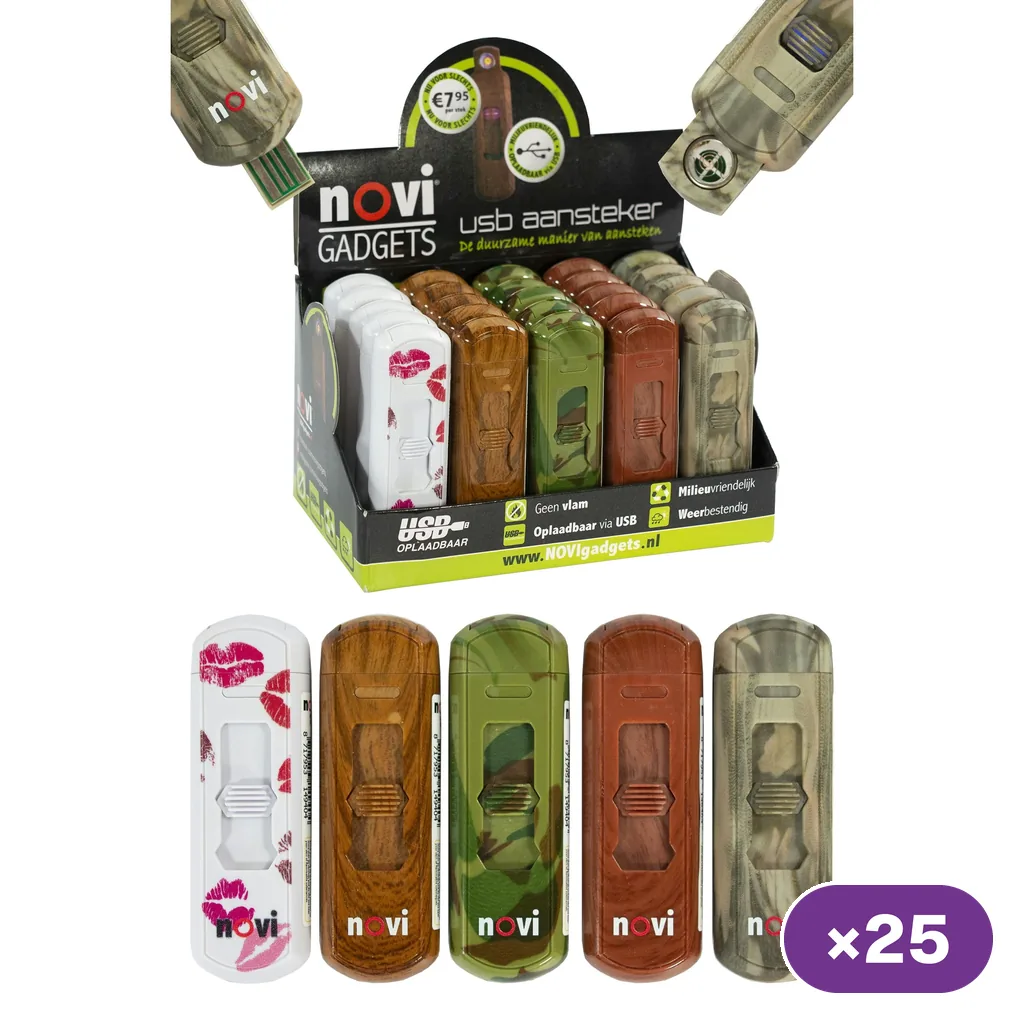 Expositor de encendedores Novi recargables por USB, con modelos de besos, madera y camuflaje mostrados delante; distintivo de 25 unidades. Expositor de encendedores Novi recargables por USB, con modelos de besos, madera y camuflaje mostrados delante; distintivo de 25 unidades.