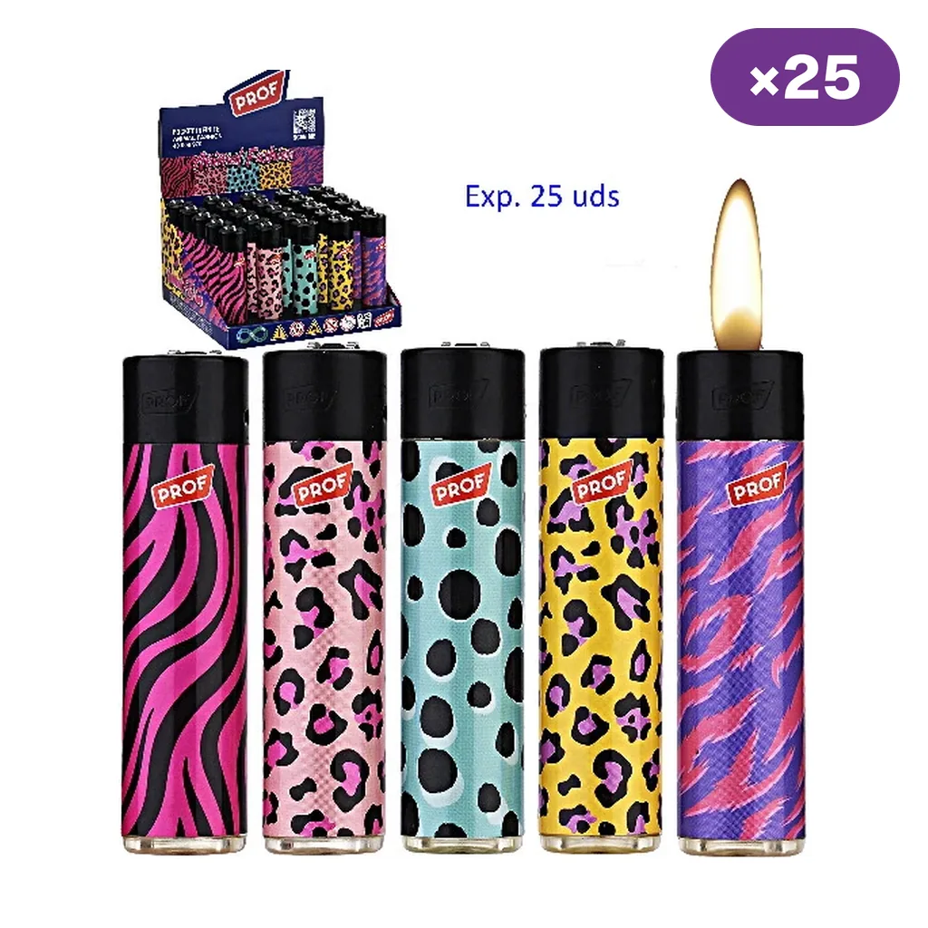Selección de encendedores Prof Animal con distintos estampados de colores, uno encendido y un expositor rotulado con 25 unidades.