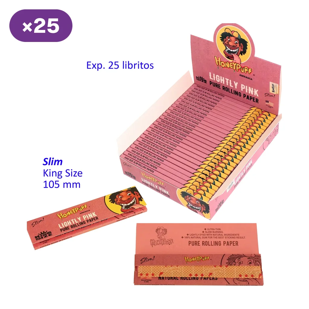 Expositor HoneyPuff de papel Lightly Pink con varios libritos rosas, uno abierto, y rótulos de 25 libritos y Slim King Size 105 mm.