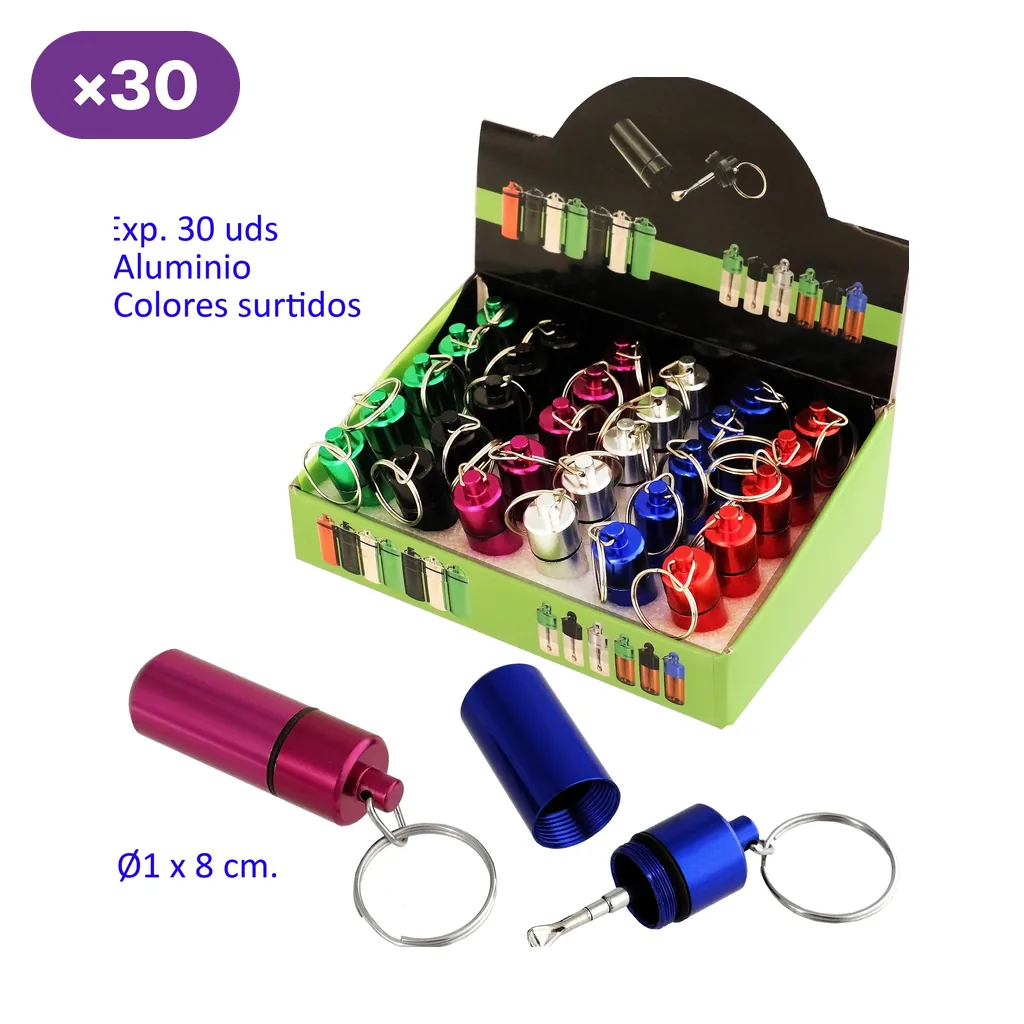Expositor de botes de aluminio de varios colores con anillas de llavero; delante aparecen un bote cerrado y otro azul desenroscado.