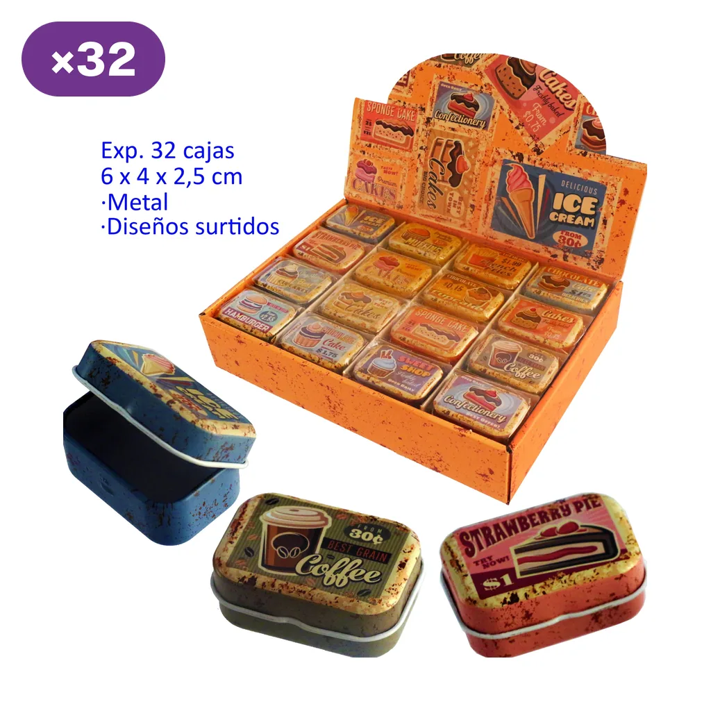 Cajitas de metal con diseños retro de café y dulces, presentadas en un expositor naranja y en primer plano, con una caja azul abierta.