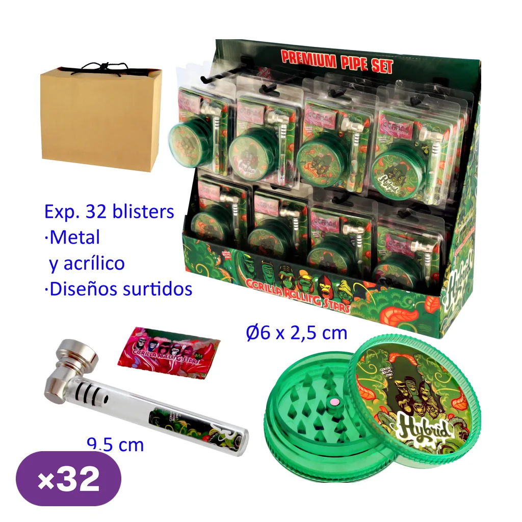 Expositor de sets de pipa y grinder en blísteres, con una pipa plateada, un grinder verde abierto y una caja de transporte aparte. Expositor de sets de pipa y grinder en blísteres, con una pipa plateada, un grinder verde abierto y una caja de transporte aparte.