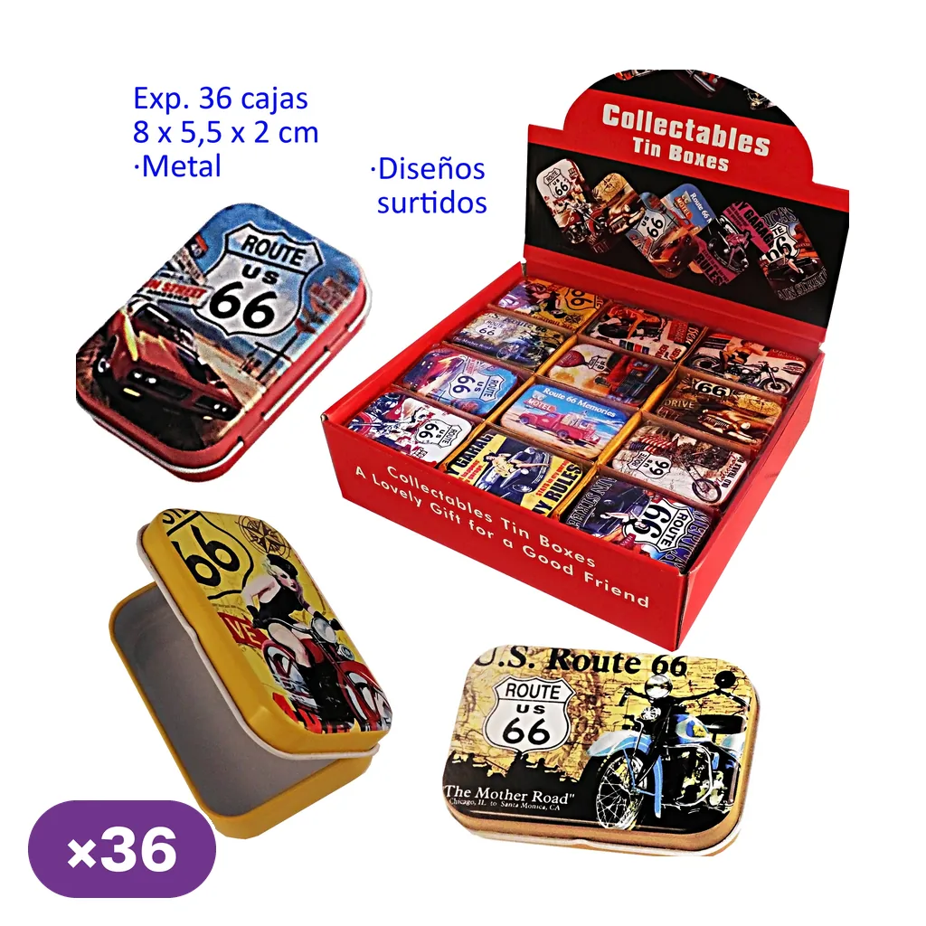 Selección de cajitas de metal de 8 × 5,5 × 2 cm con diseños de Route 66, coches y motos, junto a un expositor rojo. Selección de cajitas de metal de 8 × 5,5 × 2 cm con diseños de Route 66, coches y motos, junto a un expositor rojo.