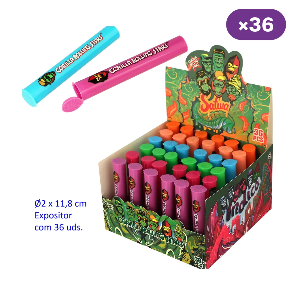 Expositor de guardacigarros Gorilla Rolling Stars de varios colores, con indicativo ×36 y dos tubos ampliados, uno con la tapa abierta.