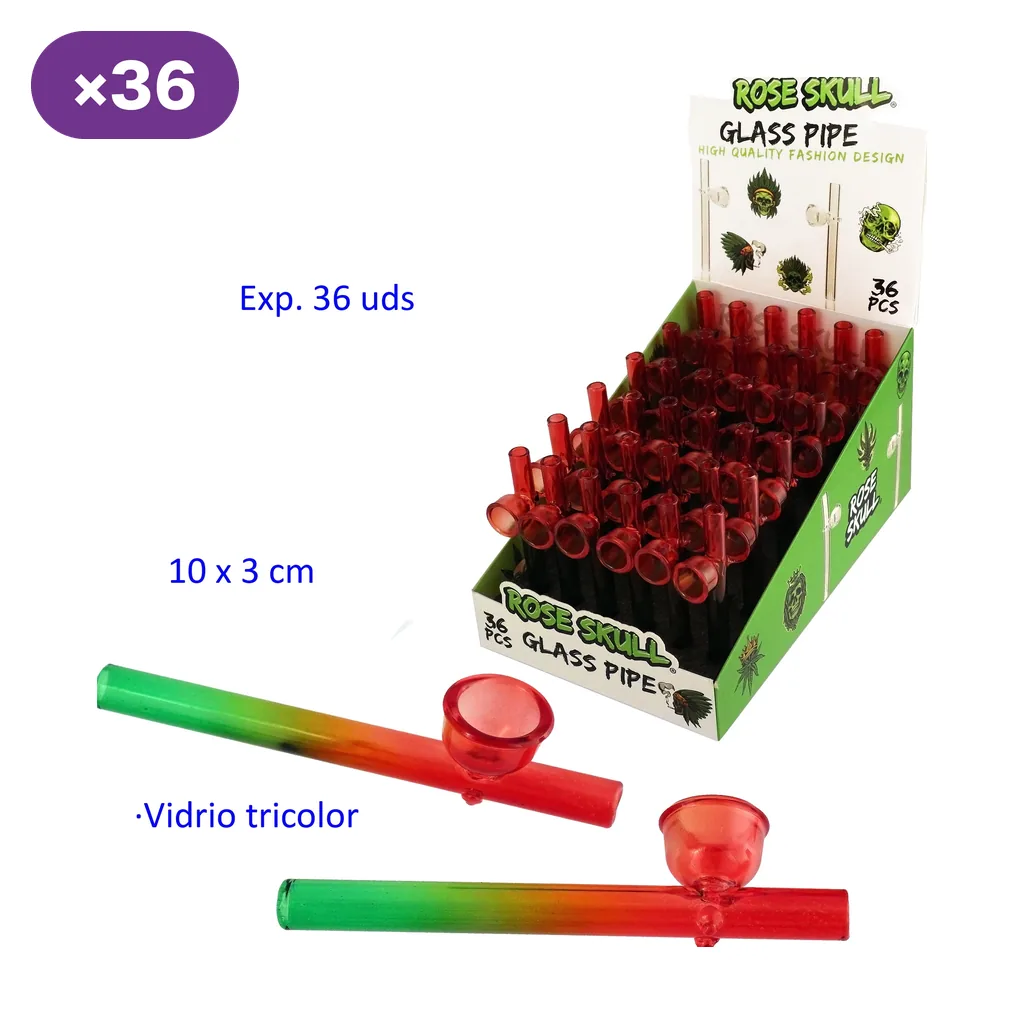 Pipas de vidrio tricolor verde, amarillo y rojo, mostradas junto a un expositor Rose Skull con varias unidades.