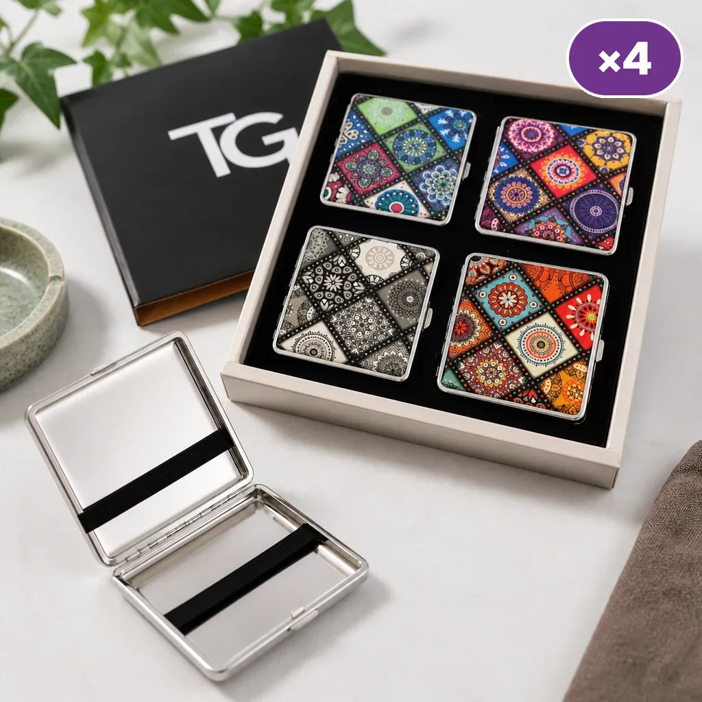 Escena generada con pitilleras TG de mandalas multicolores en una caja y una pitillera abierta que muestra su interior con bandas negras.