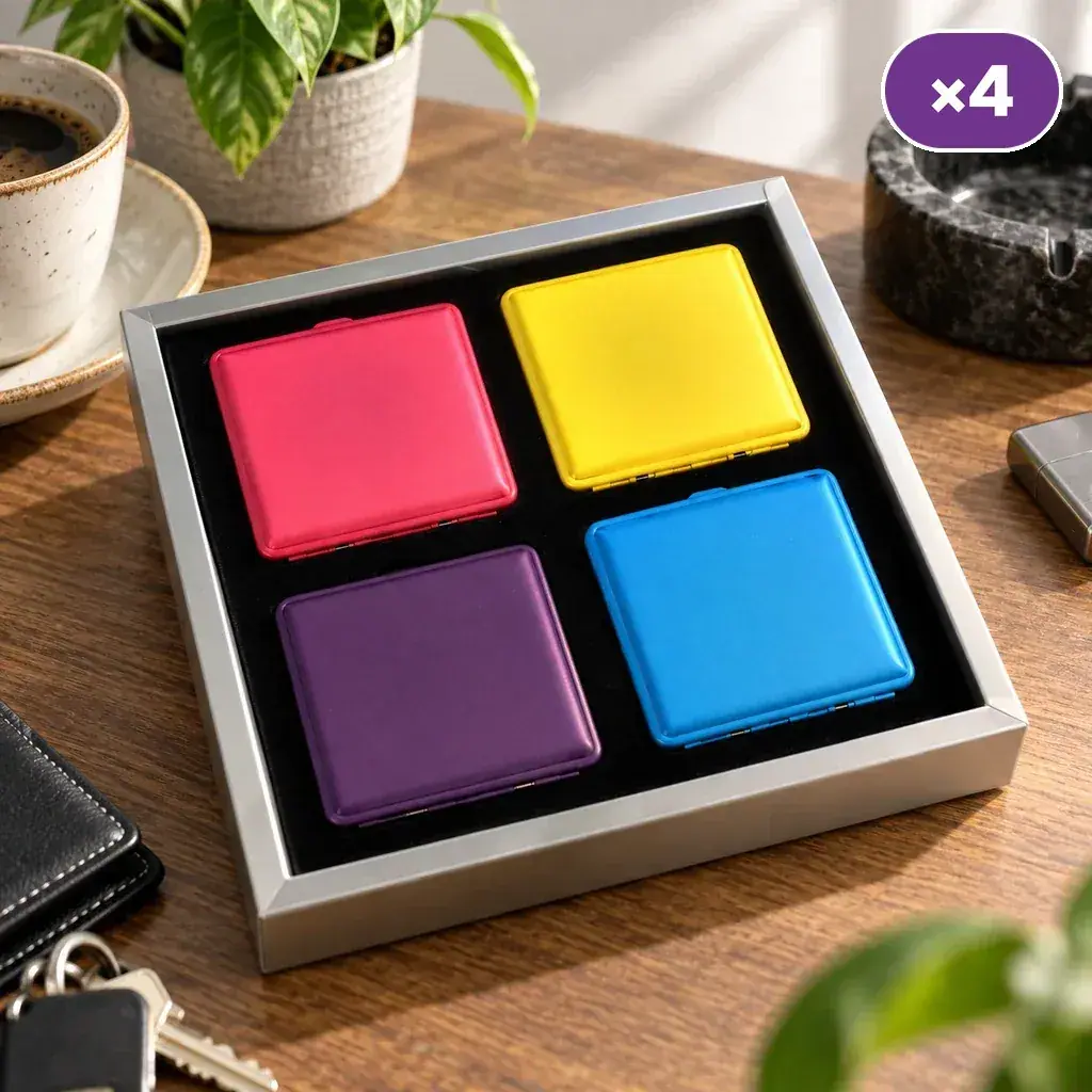 Pitilleras TG Parchís cerradas en rosa, amarillo, morado y azul, dispuestas en una bandeja sobre una mesa de madera.