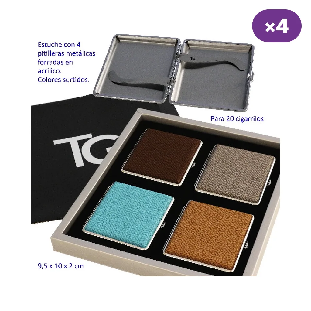 Selección de pitilleras TG con diseños texturados en tonos tierra y turquesa, presentadas en caja, y una abierta con sujeciones interiores.
