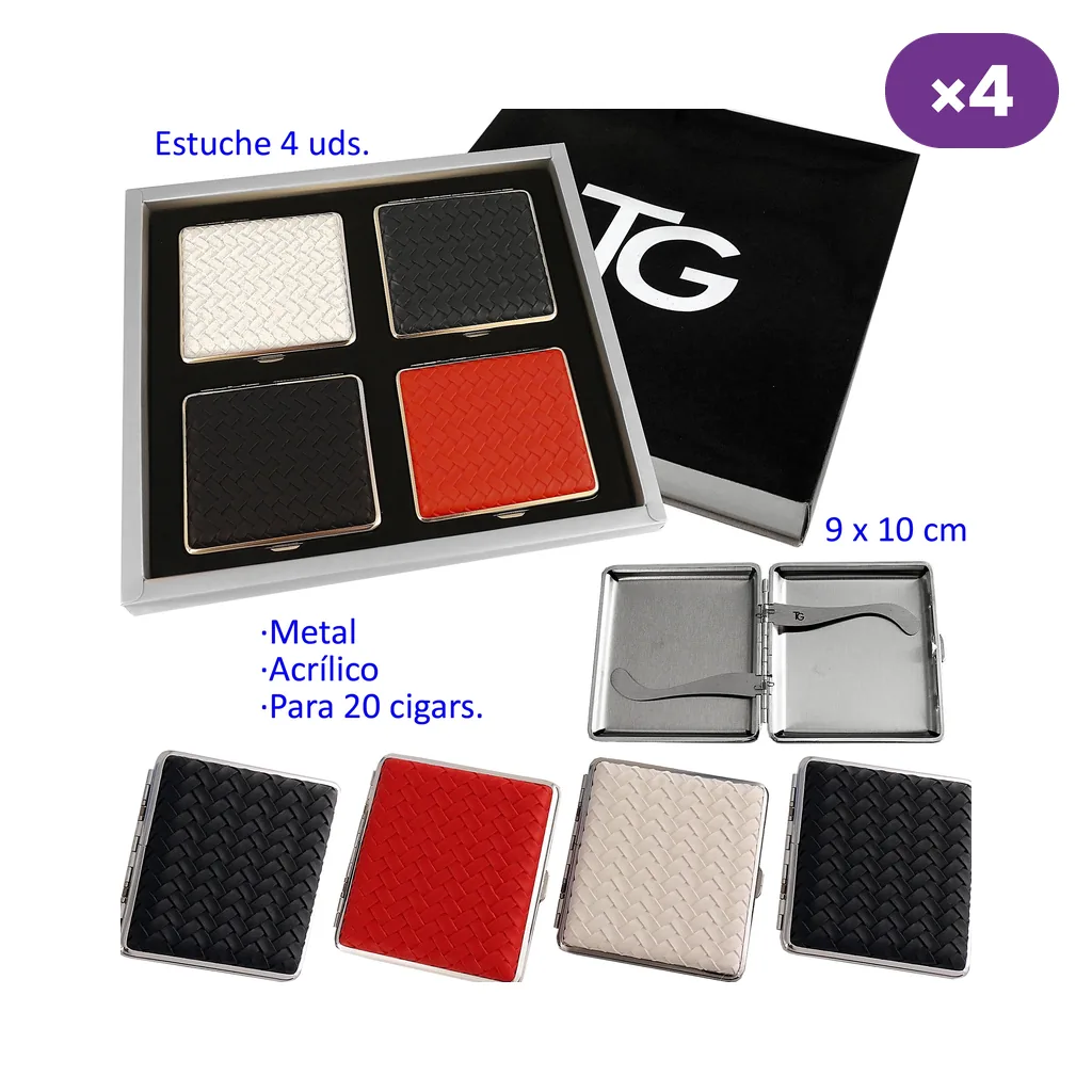 Pitilleras TG de diseño trenzado en tonos negro, crema y rojo, con estuche de presentación y una unidad abierta con sujeciones interiores.