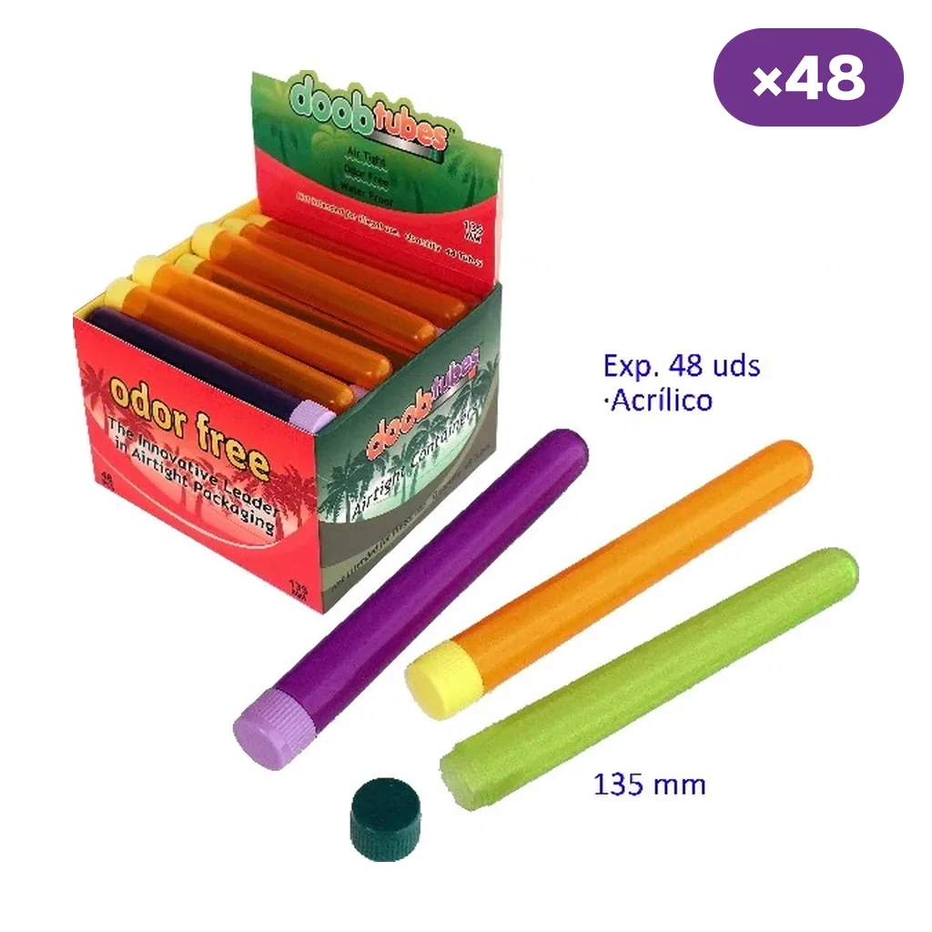 Expositor Doob Tubes con guardacigarros de colores y varios tubos fuera de la caja, uno abierto con el tapón separado; distintivo de 48 unidades.
