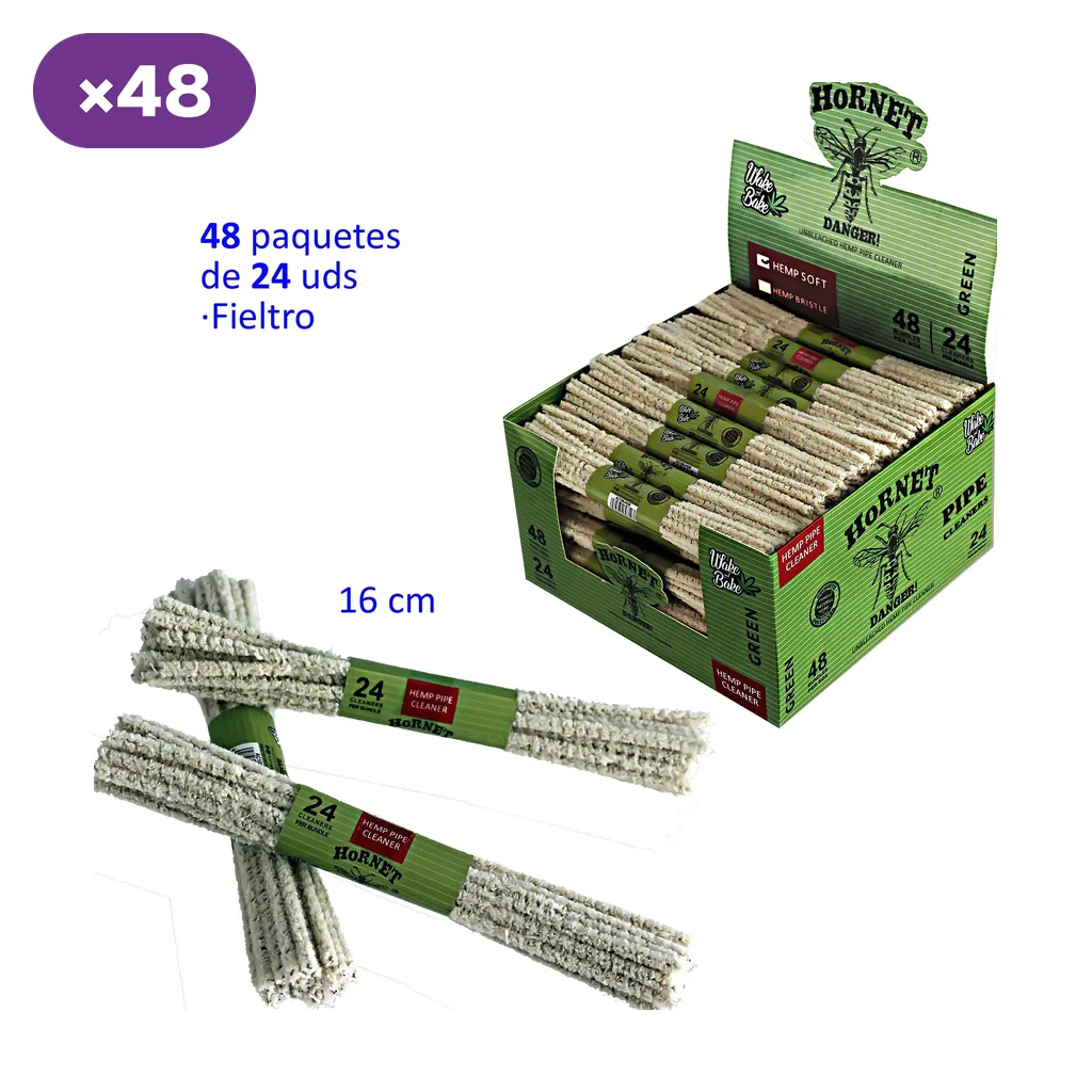 Limpiapipas Hornet de tono claro agrupados con etiquetas verdes, junto a una caja expositora con paquetes de 24 unidades. Limpiapipas Hornet de tono claro agrupados con etiquetas verdes, junto a una caja expositora con paquetes de 24 unidades.