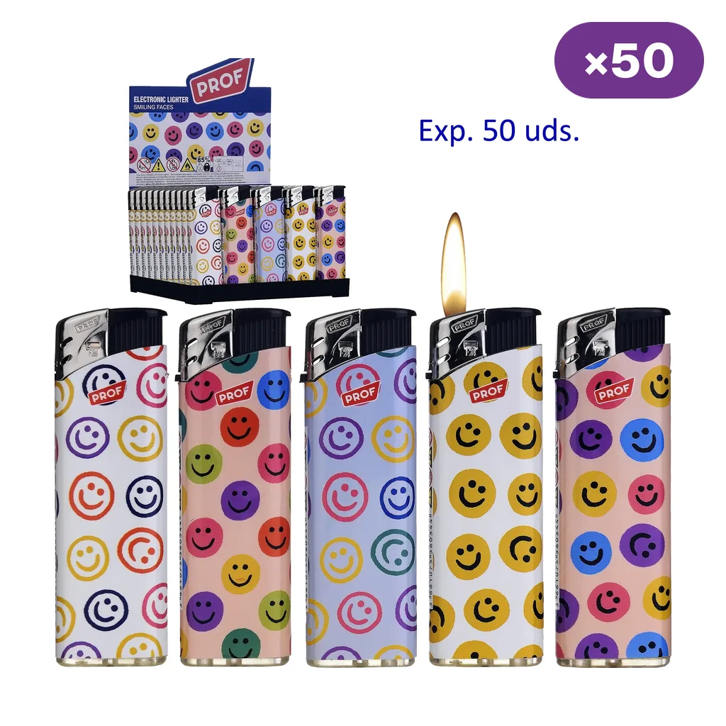 Selección de encendedores Prof Smiling Faces con caritas multicolores, uno con llama, junto a un expositor y el rótulo de 50 unidades.