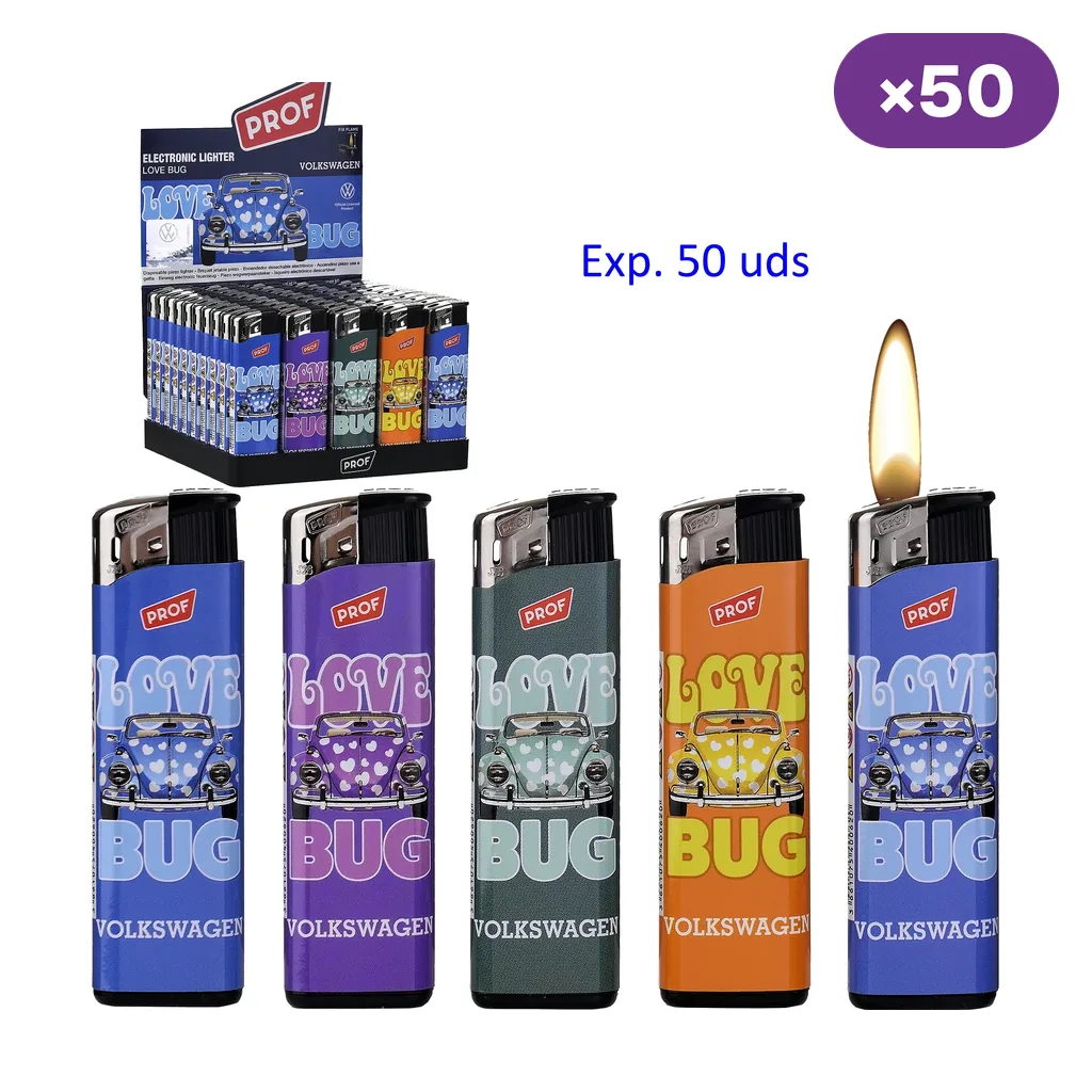 Encendedores Prof VW Love Bug de varios colores con un Volkswagen estampado, uno representado con llama, y expositor rotulado de 50 unidades.