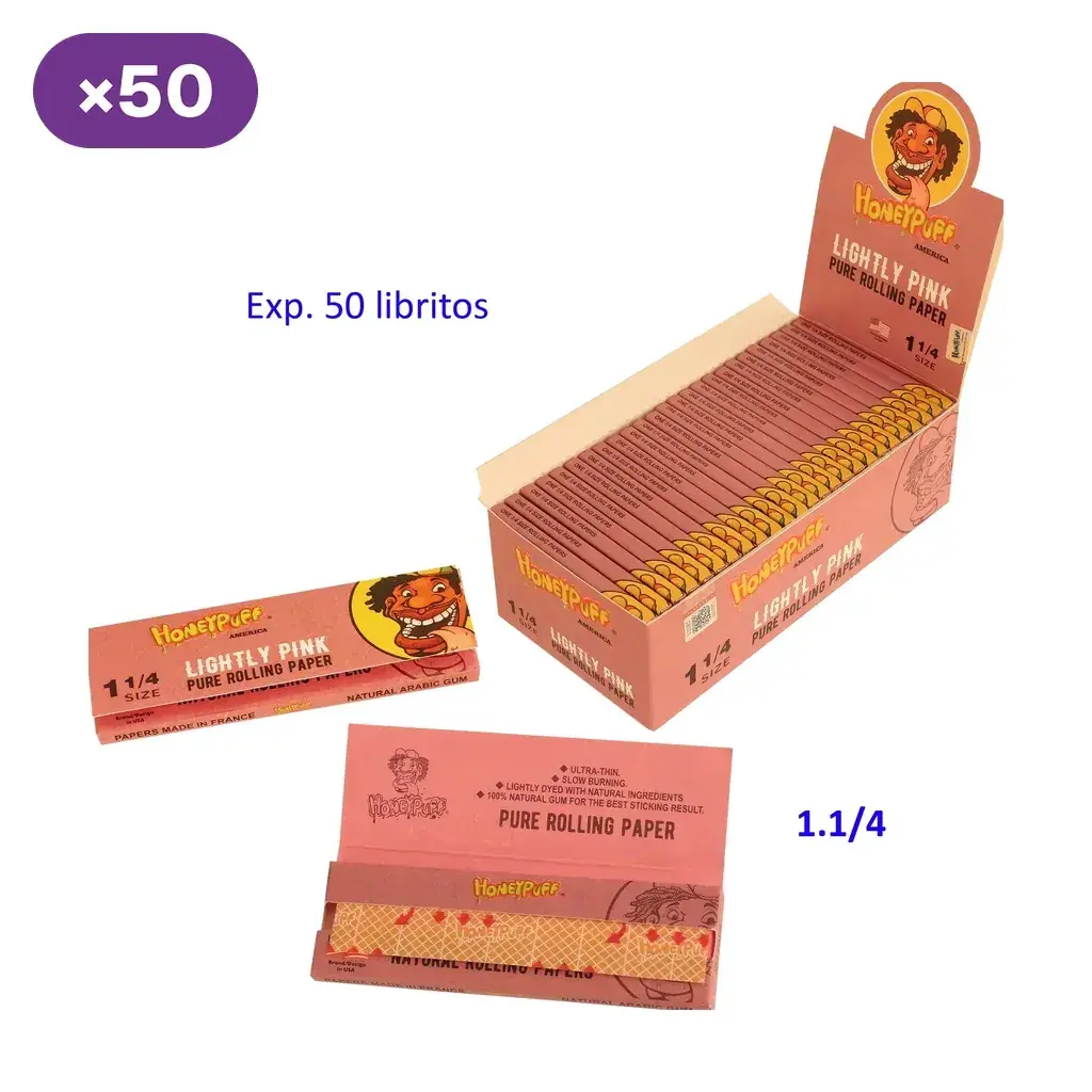 Caja expositora de 50 libritos HoneyPuff Lightly Pink 1 1/4, con envases rosas y un librito abierto en primer plano.