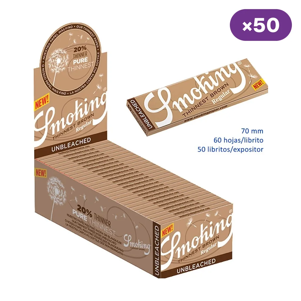 Expositor abierto de papel Smoking Thinnest Brown sin blanquear, con varios libritos y uno destacado sobre fondo blanco; distintivo de 50 unidades.