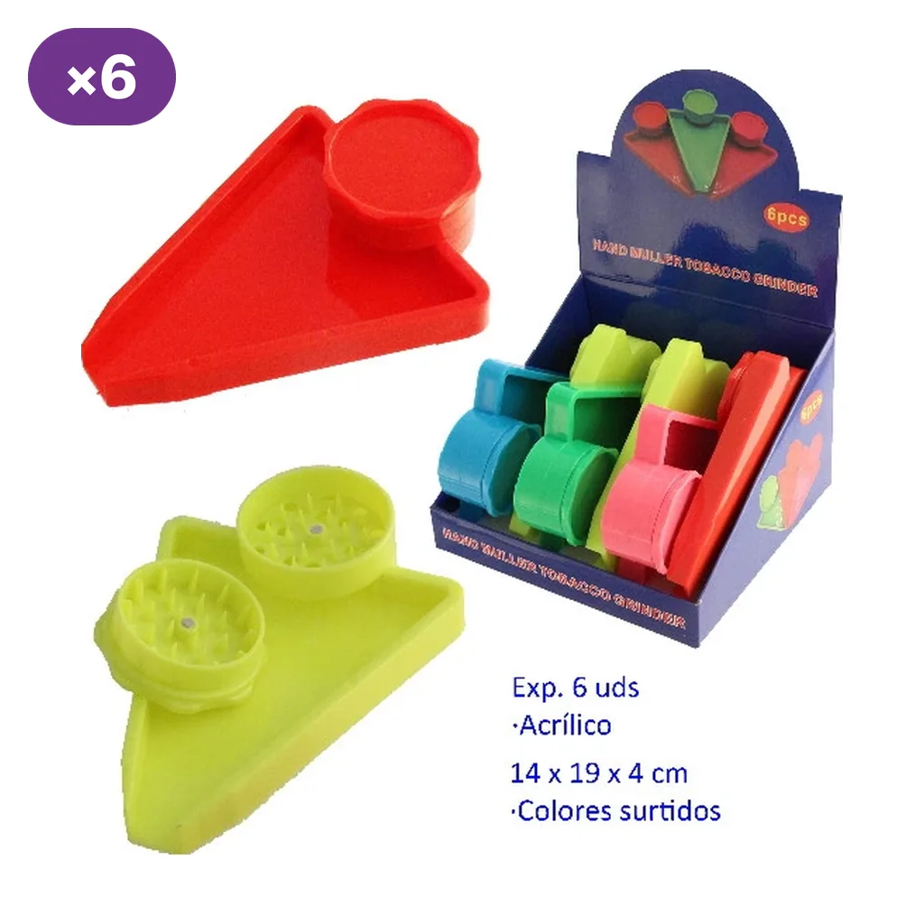 Grinders con recogedor triangular en colores surtidos, mostrados en expositor y por separado, con un modelo abierto que deja ver los dientes.