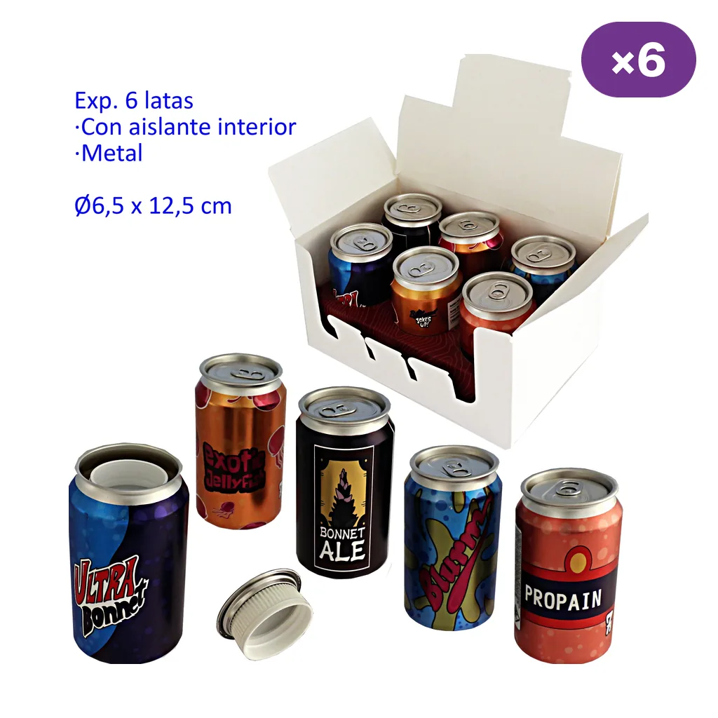 Distintos modelos de latas de ocultación con diseños de bebidas, una abierta con tapa de rosca separada y un expositor con seis unidades. Distintos modelos de latas de ocultación con diseños de bebidas, una abierta con tapa de rosca separada y un expositor con seis unidades.