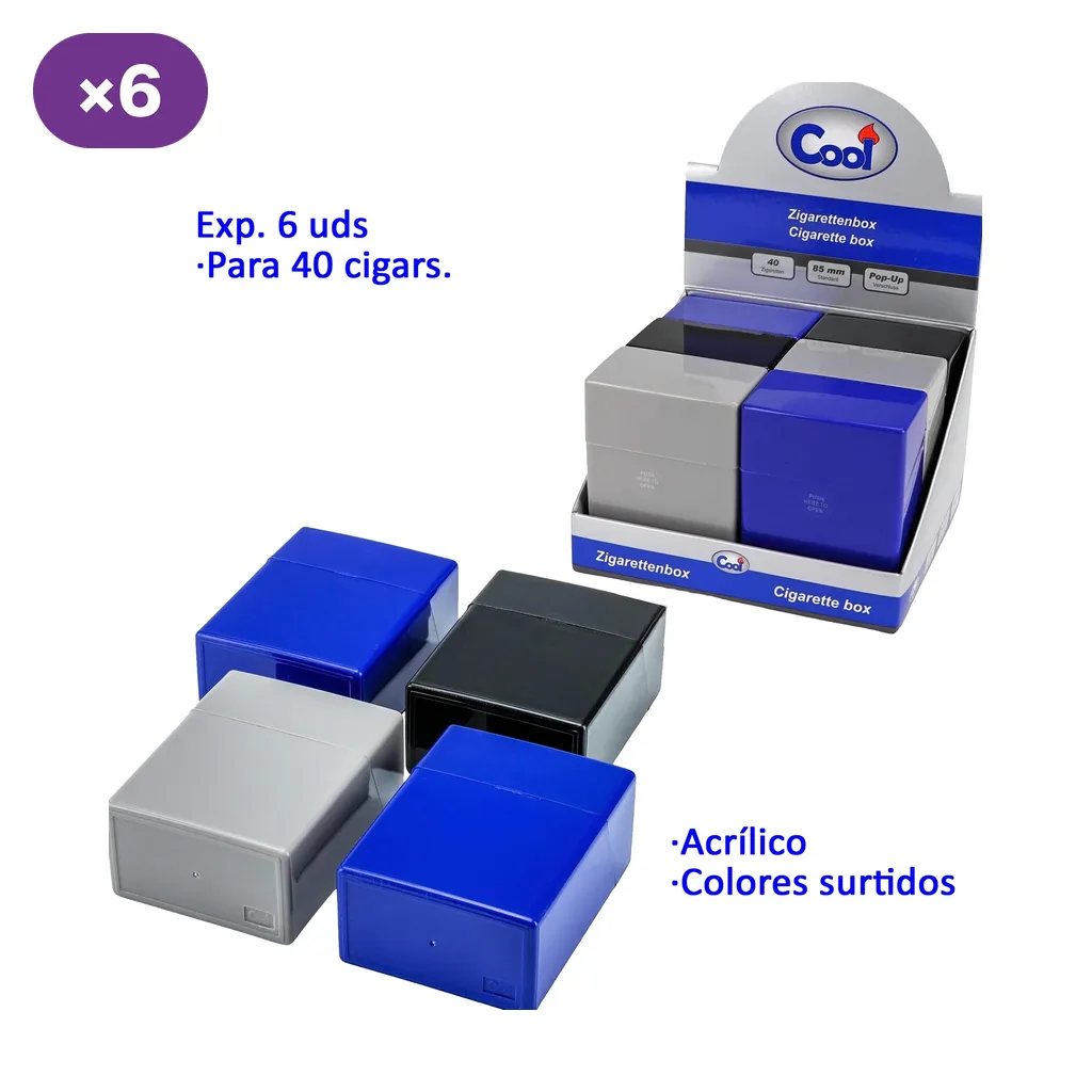 Tabaqueras Cool Pop Up en azul, gris y negro junto a un expositor; el texto indica capacidad para 40 cigarrillos y caja de 6 unidades.