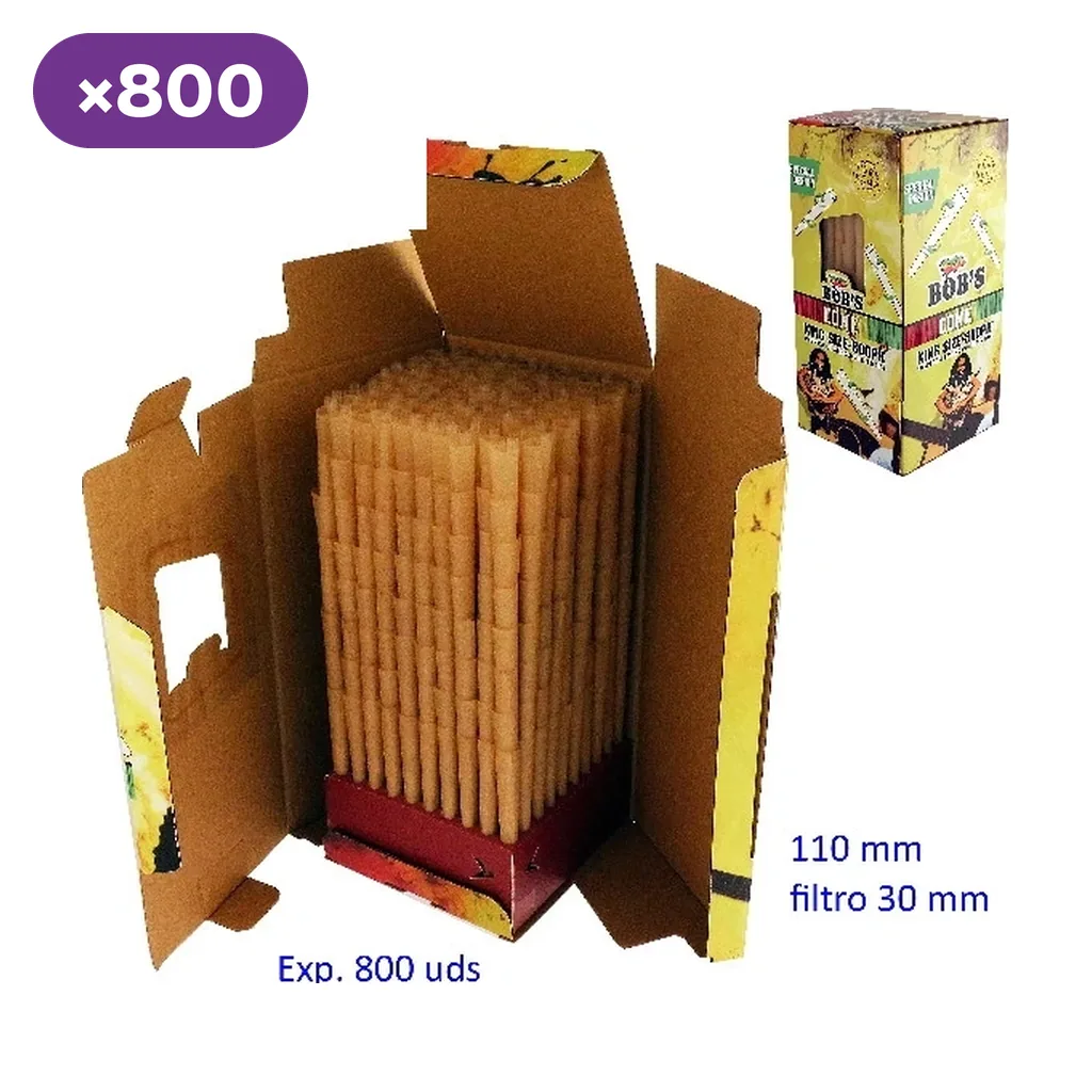 Caja expositora abierta con conos preliados de papel marrón y otra vista del envase cerrado; el rótulo indica 800 unidades de 110 mm.