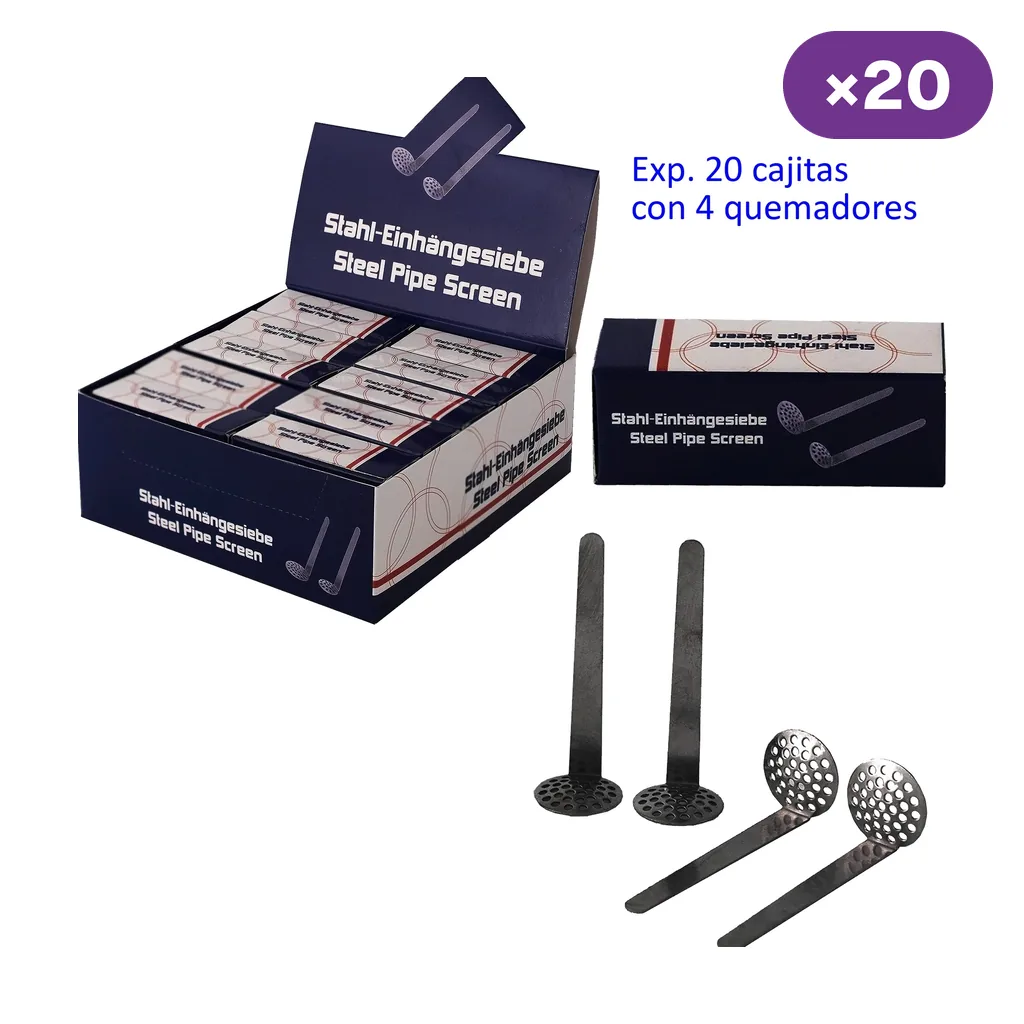 Expositor y cajita de quemadores metálicos para pipa, con varias piezas de disco perforado y mango alargado; rótulo de 20 cajitas de 4.