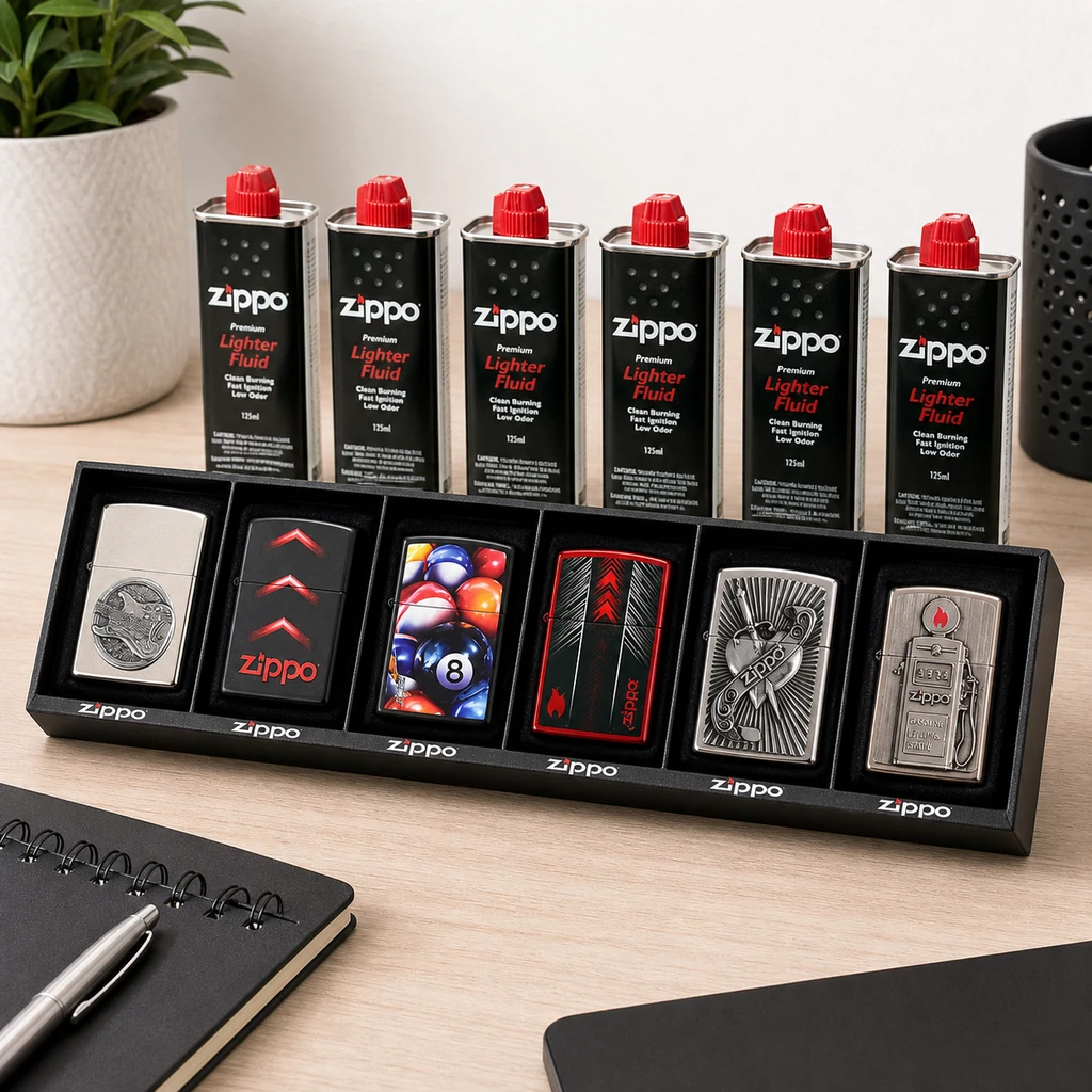 Expositor negro sobre un escritorio con varios encendedores Zippo de distintos diseños y latas de combustible detrás.