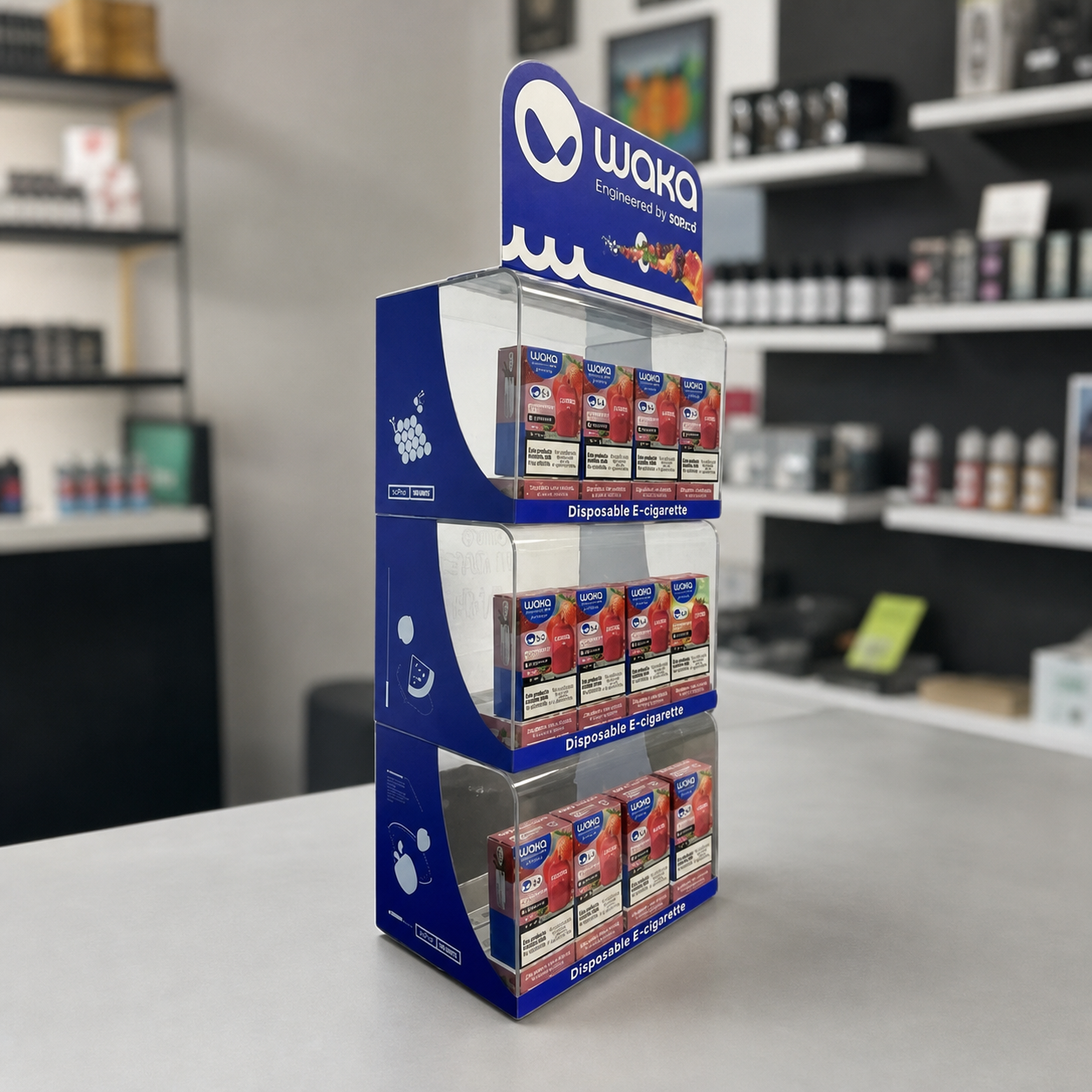 Expositor azul Waka de tres niveles con varias cajas de vapeadores desechables, sobre el mostrador de una tienda.