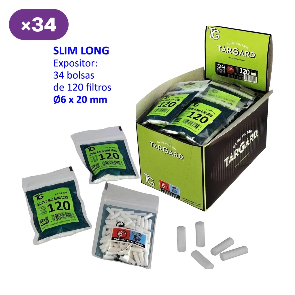 Expositor verde Tar Gard Slim Long con bolsas de 120 filtros, tres bolsas delante y filtros blancos sueltos; indica 34 bolsas.