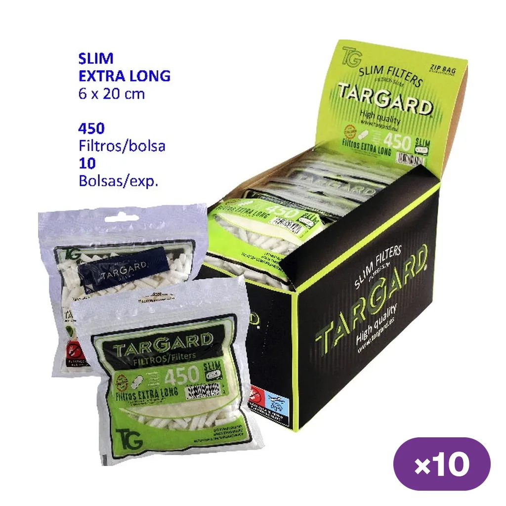 Expositor de filtros Tar Gard Extra Long con bolsas verdes y blancas de 450 unidades, algunas delante de la caja abierta. Expositor de filtros Tar Gard Extra Long con bolsas verdes y blancas de 450 unidades, algunas delante de la caja abierta.