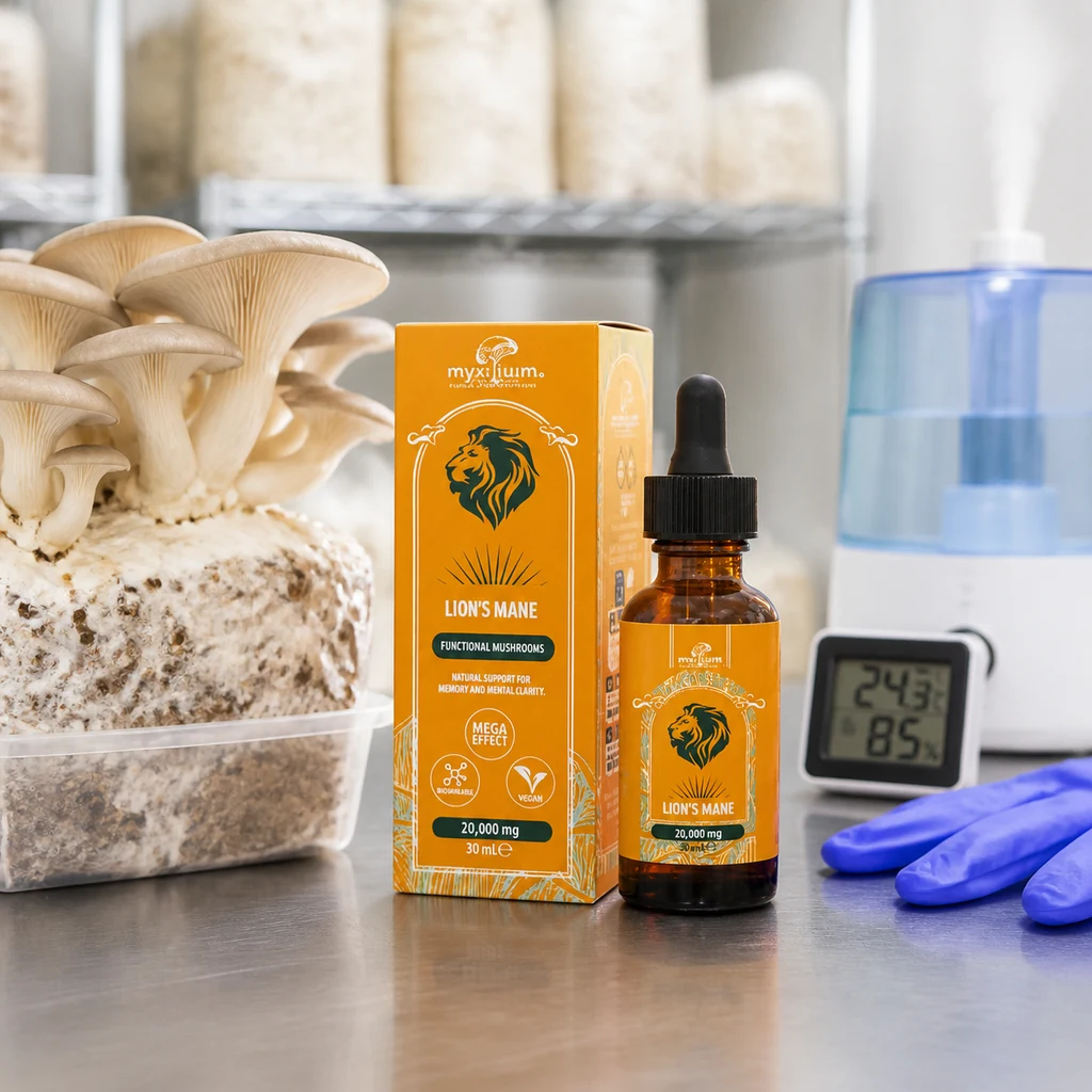 Frasco con cuentagotas y caja naranja de Lion's Mane junto a setas, un humidificador, un medidor digital y guantes azules.