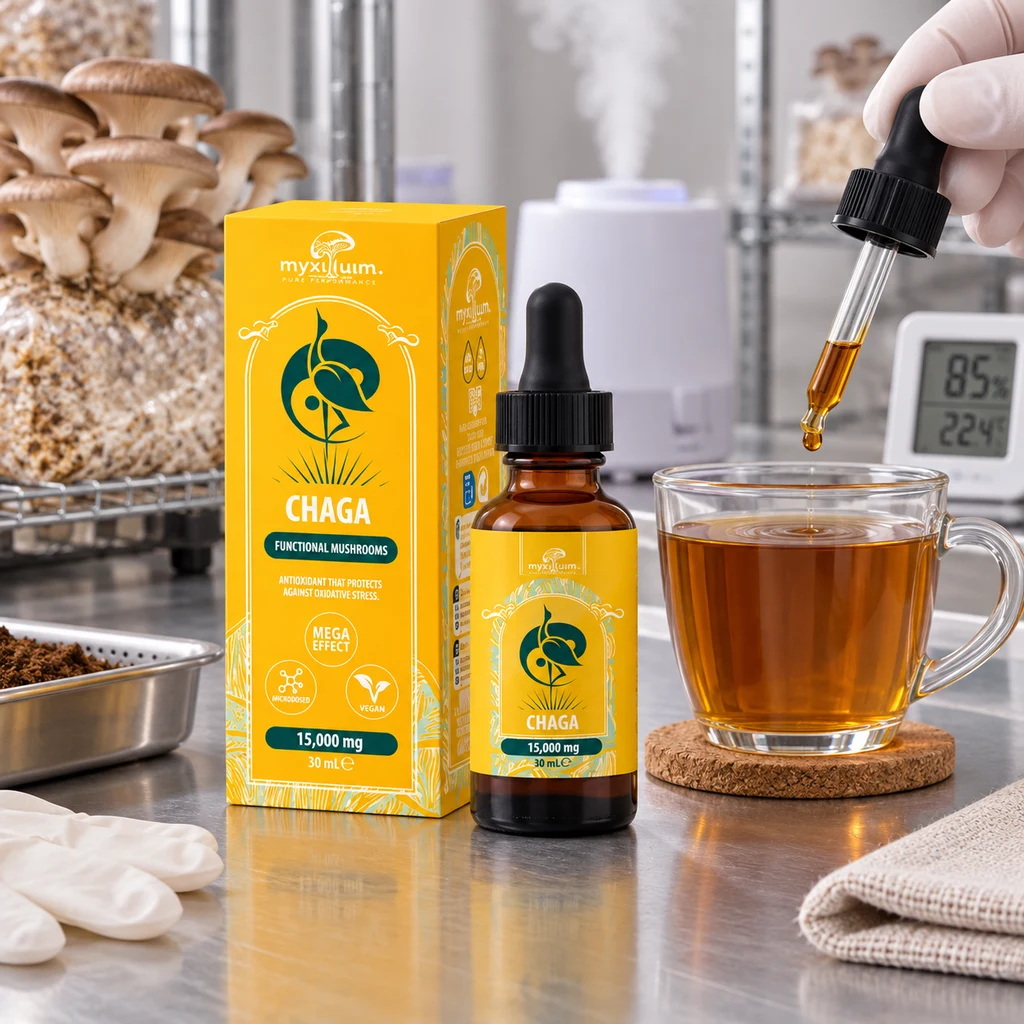 Escena generada de extracto de chaga con caja amarilla y frasco; una mano sostiene un cuentagotas sobre una taza de líquido ámbar.