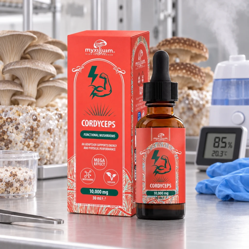 Escena generada del extracto Cordyceps en frasco ámbar con cuentagotas y caja roja, sobre una mesa con setas y equipo de cultivo al fondo.