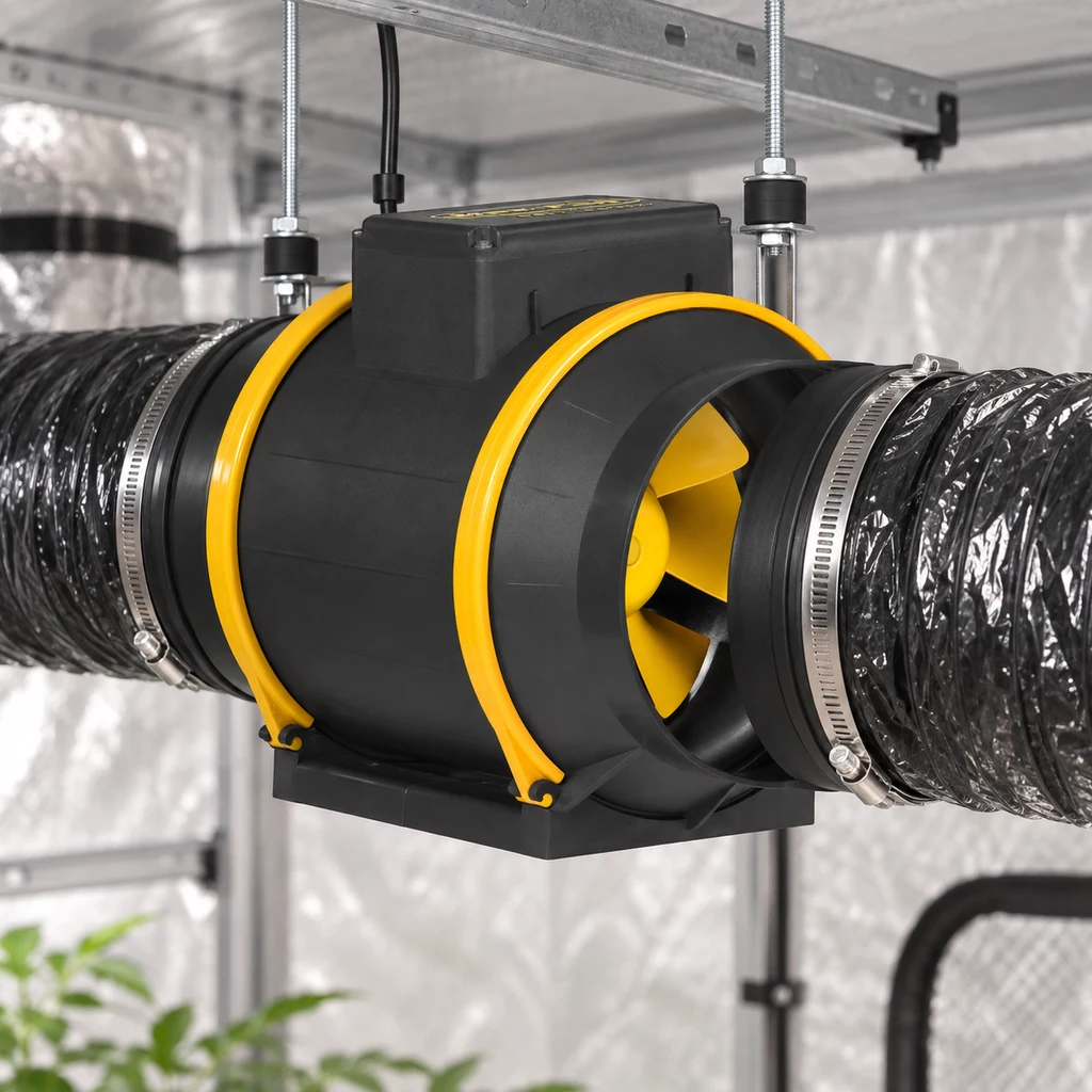 Extractor Can Fan Max Pro negro con aros y aspas amarillos, suspendido entre conductos flexibles sujetos con abrazaderas metálicas. Extractor Can Fan Max Pro negro con aros y aspas amarillos, suspendido entre conductos flexibles sujetos con abrazaderas metálicas.