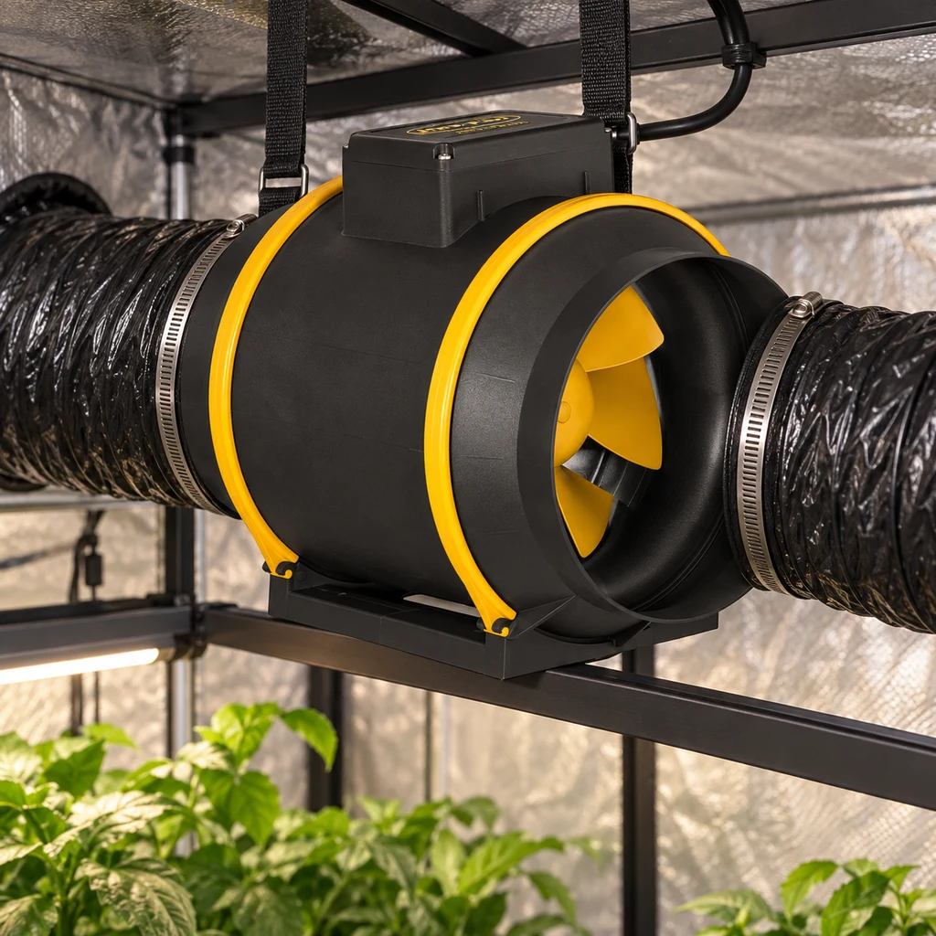 Extractor Can-Fan Max Pro 200 negro con aros y aspas amarillos, suspendido entre conductos en un armario de cultivo.