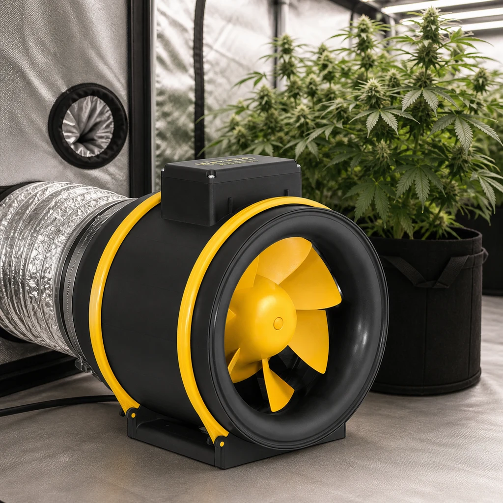 Extractor Can-Fan Max-Fan Pro Series negro con hélice y aros amarillos, conectado a un conducto junto a plantas en un armario de cultivo.