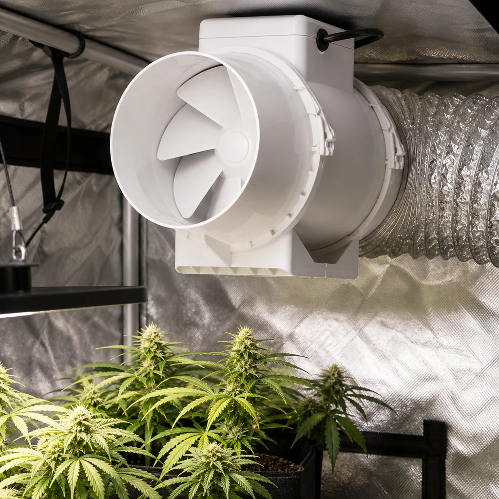 Escena generada del extractor Vents TT blanco conectado a un conducto plateado en un armario reflectante, sobre plantas en floración.