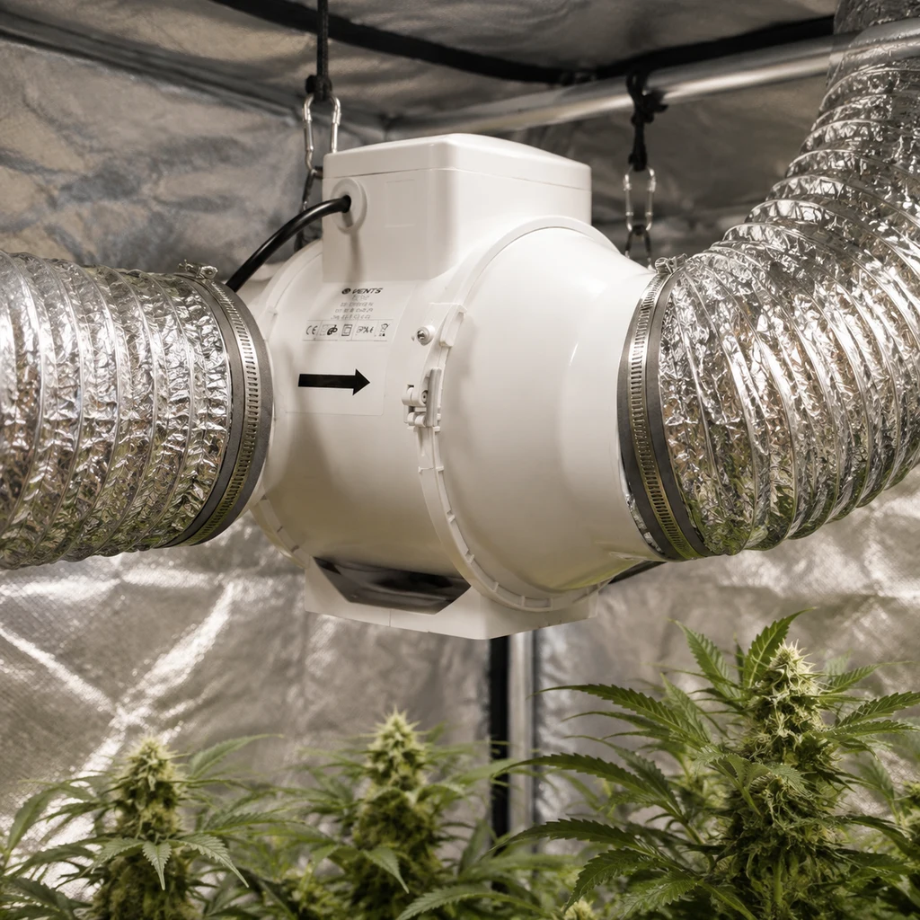 Escena generada de un extractor blanco suspendido, conectado a conductos plateados sobre plantas en un armario de cultivo.