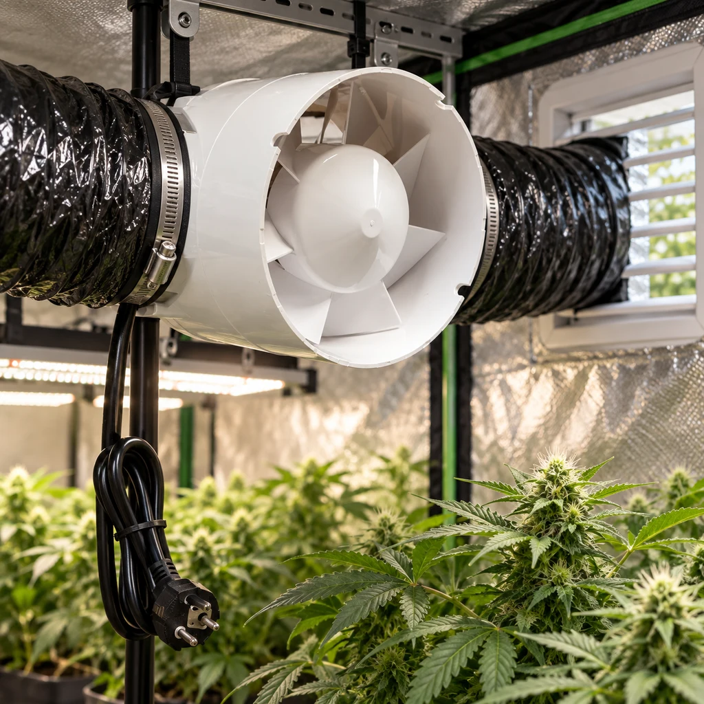 Escena generada de un extractor blanco entre conductos negros, con las aspas visibles, sobre plantas en un recinto de paredes reflectantes.