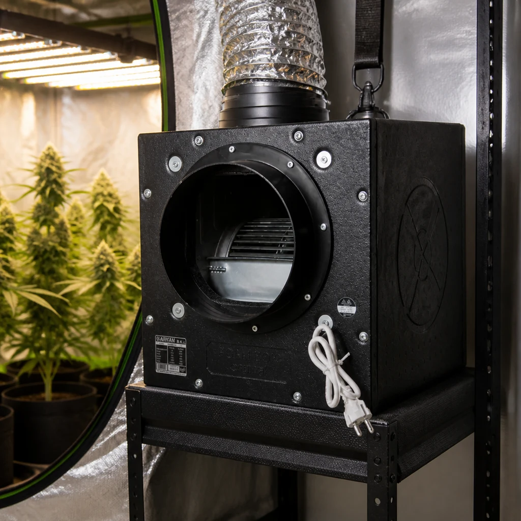 Caja extractora negra sobre un soporte, con abertura circular frontal, conducto superior y cable blanco, junto a un armario con plantas.