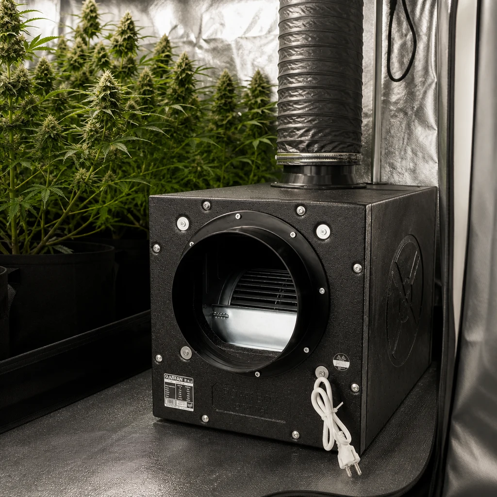 Extractor Airfan en caja negra con abertura circular frontal, conducto superior y cable con enchufe, junto a plantas de cannabis.