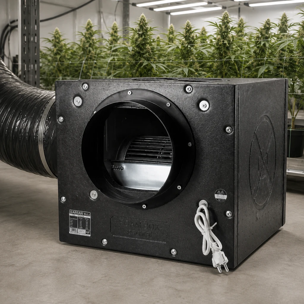 Extractor en caja negra con abertura circular, conducto lateral y cable blanco, delante de un cultivo interior de cannabis.