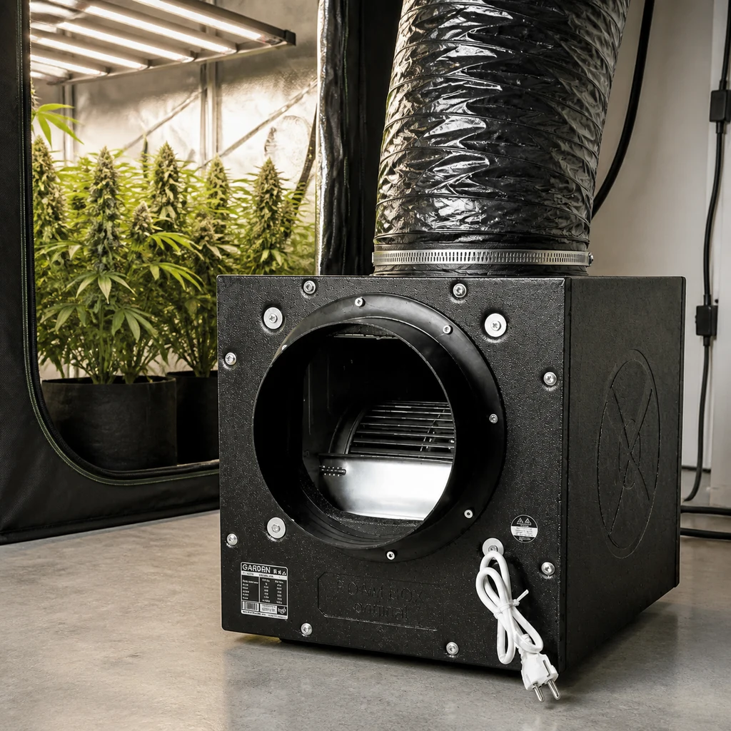 Extractor en caja negra con abertura circular frontal, conducto superior y cable blanco, junto a un armario con plantas e iluminación.